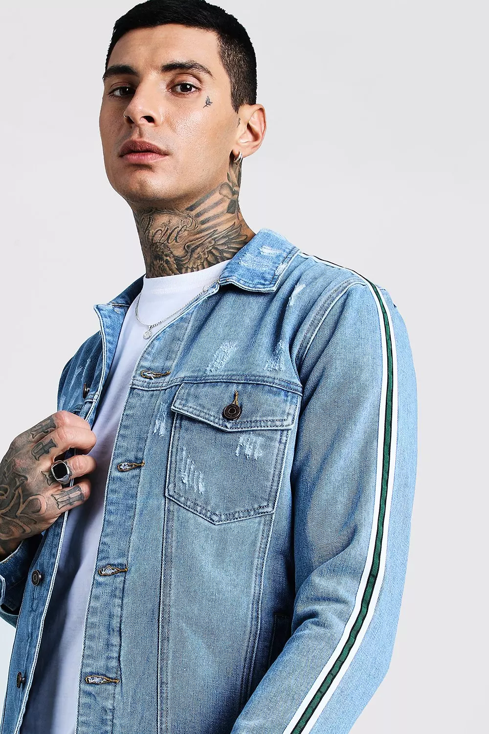 Tape Detail Distressed Denim Jacket alternative image
