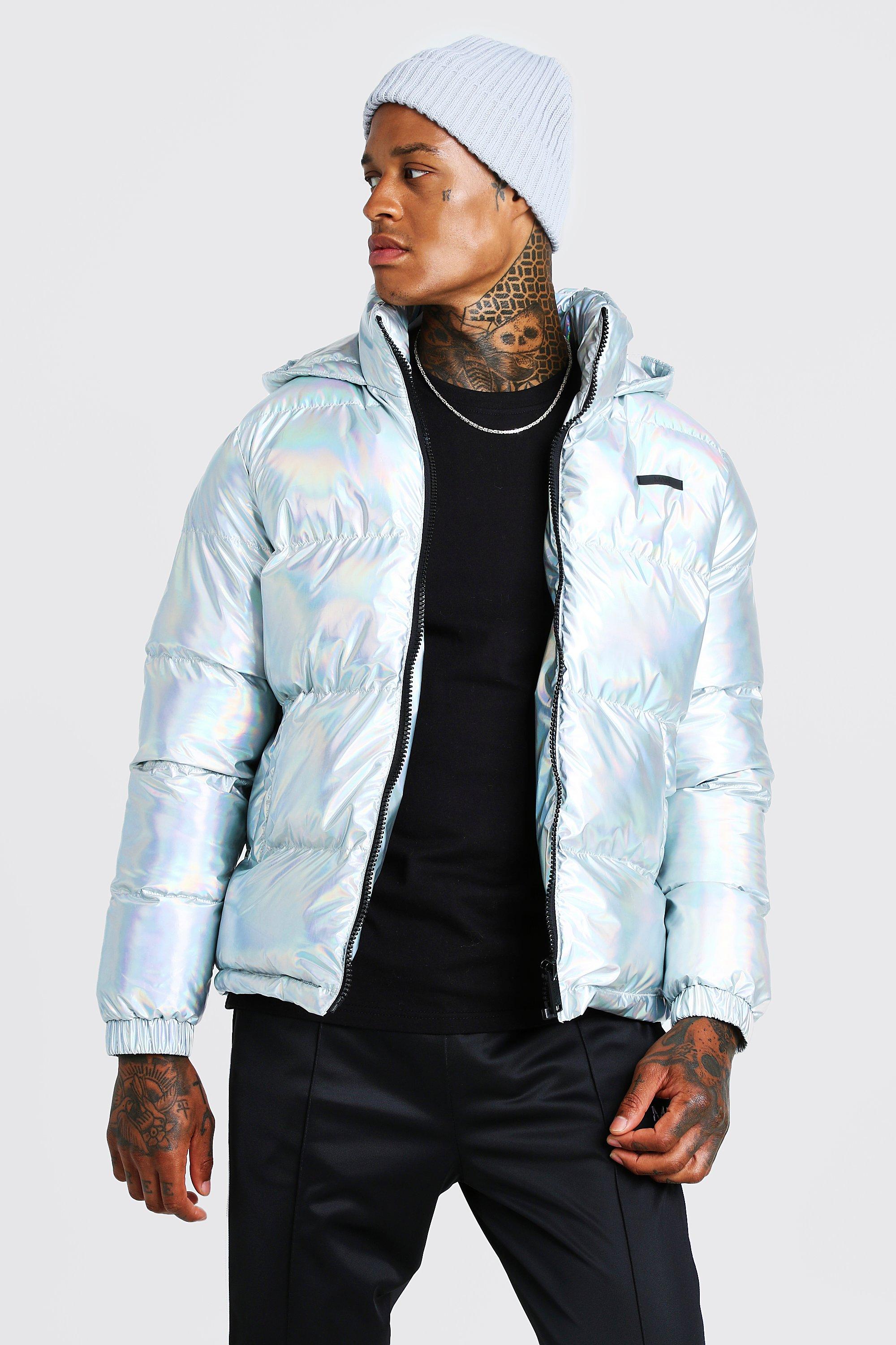 Metallic silver store puffer jacket mens