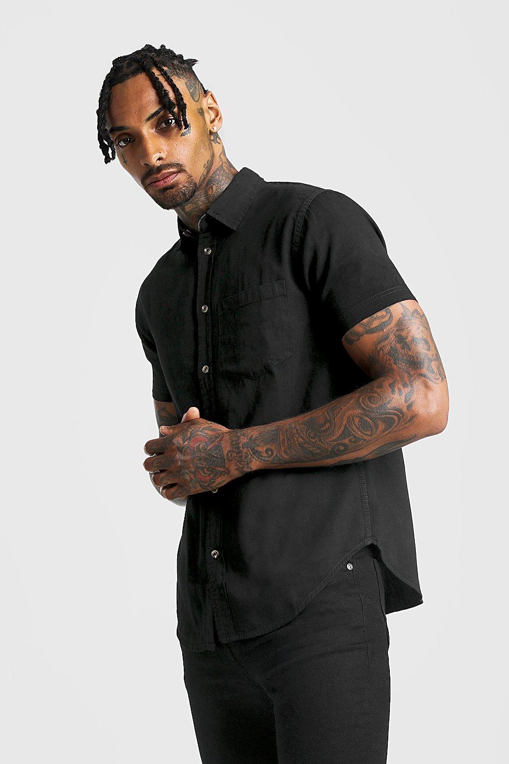 mens black denim shirt short sleeve