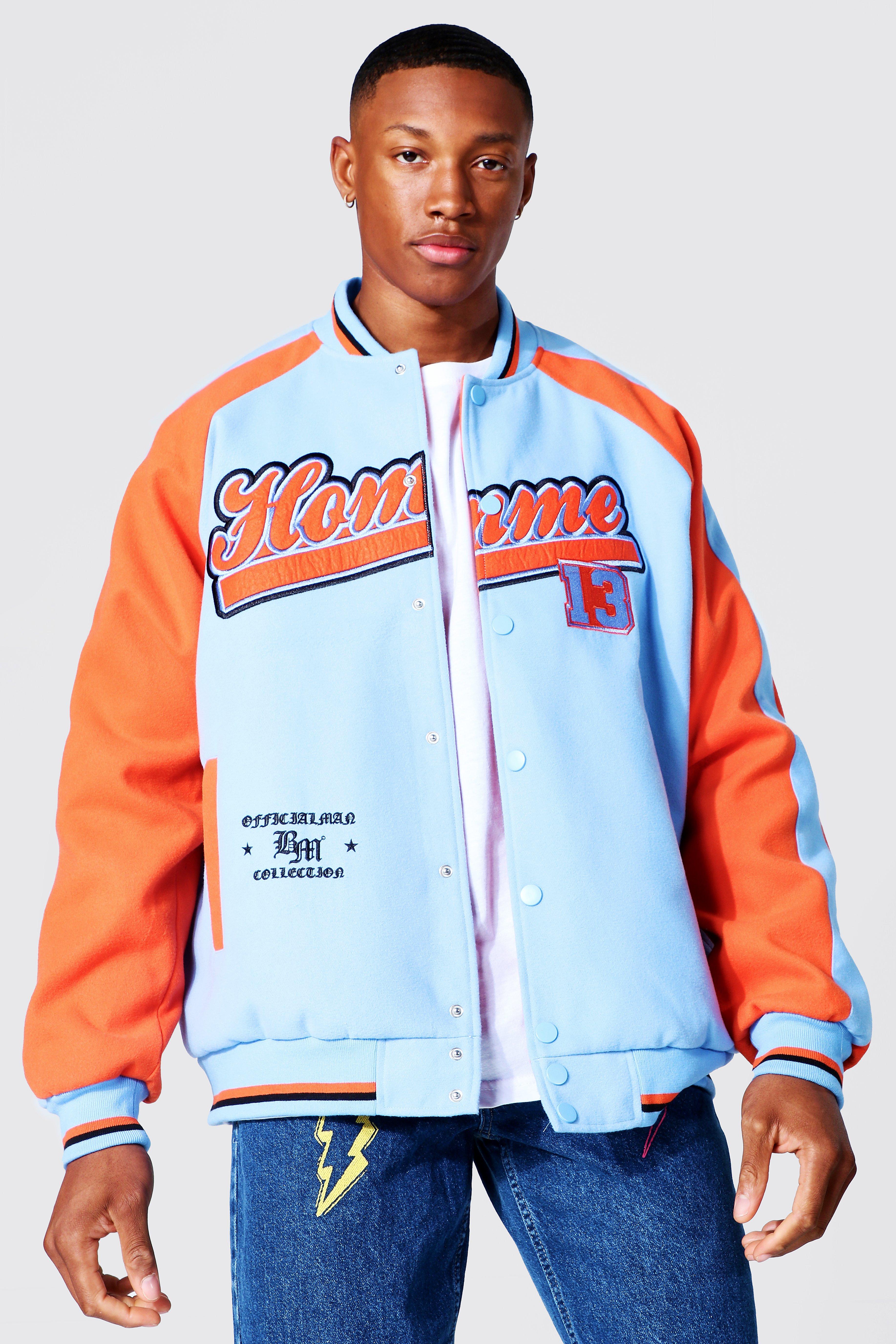 boohooMAN Mens Oversized Varsity Bomber Jacket - Blue