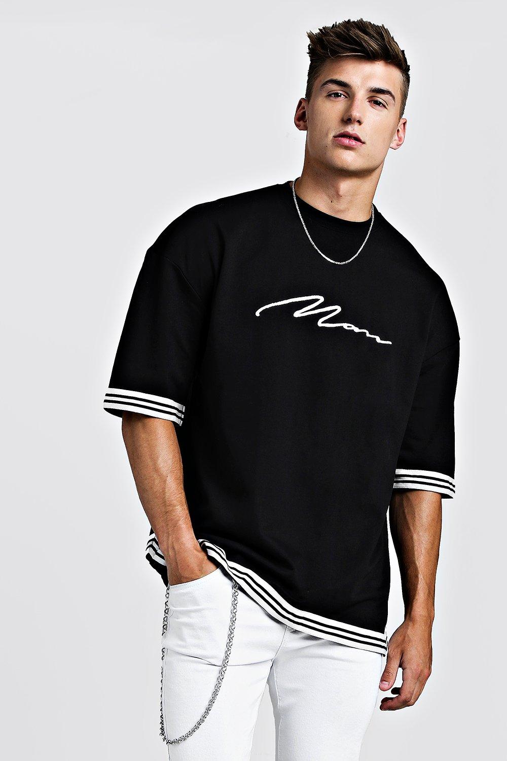 MAN Signature Oversized Drop Shoulder Tape T Shirt boohooMAN USA