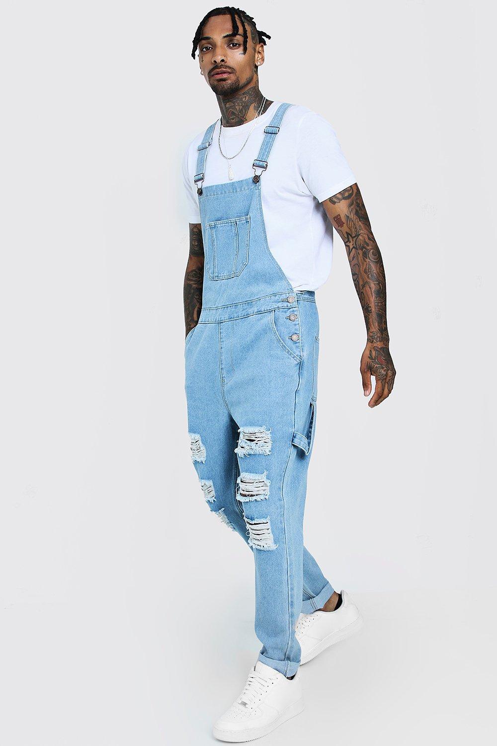 Slim Fit Denim Dungarees With Distressing - boohooMAN