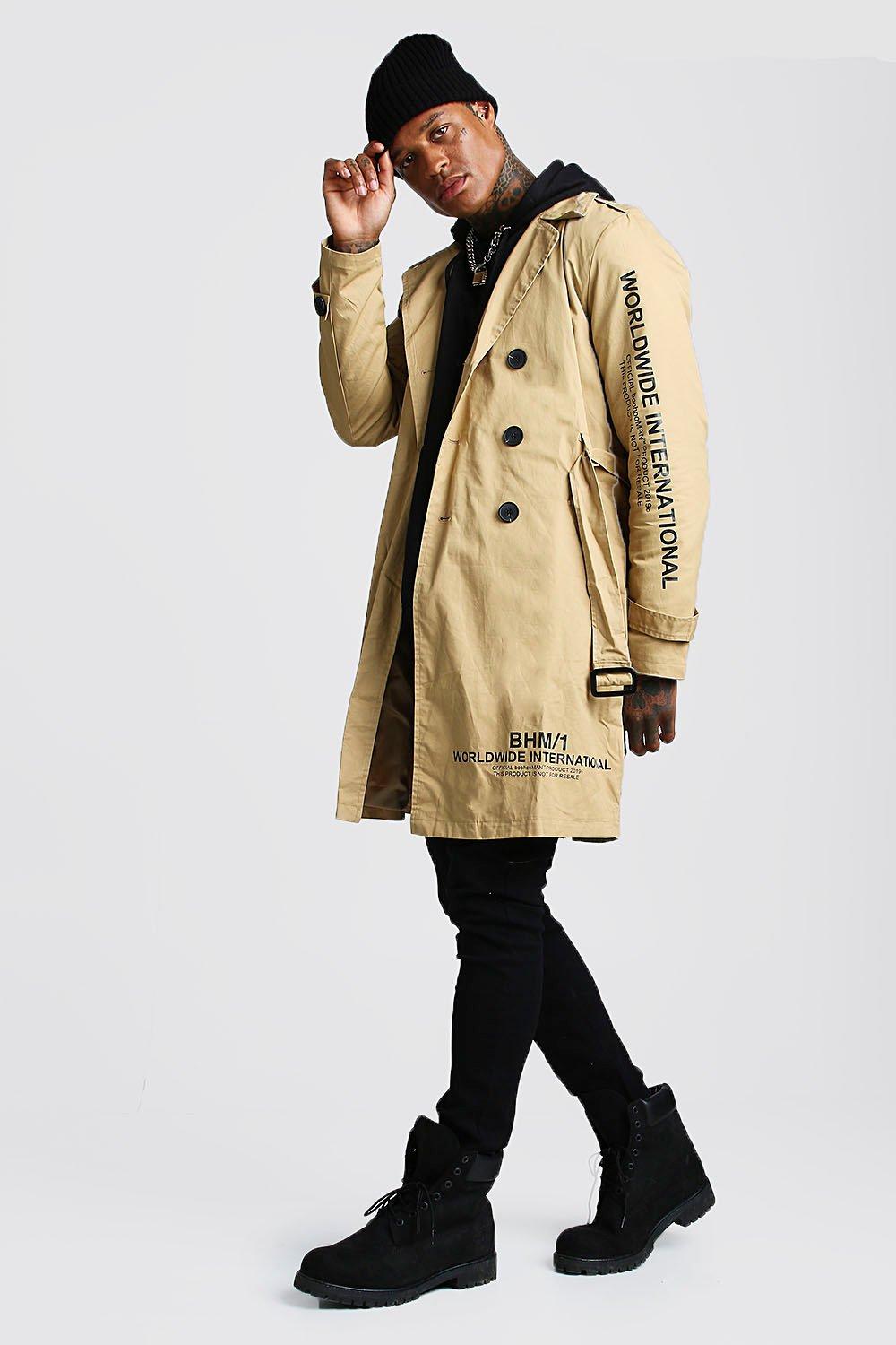 Trench Coat With Print Detail boohooMAN UK