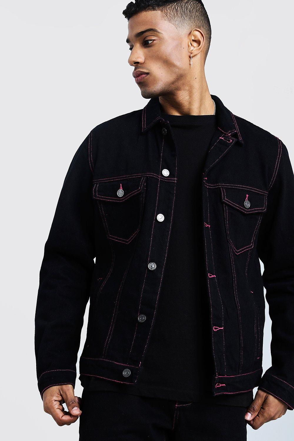 Denim Jacket With Contrast Neon Topstitch | boohooMAN USA