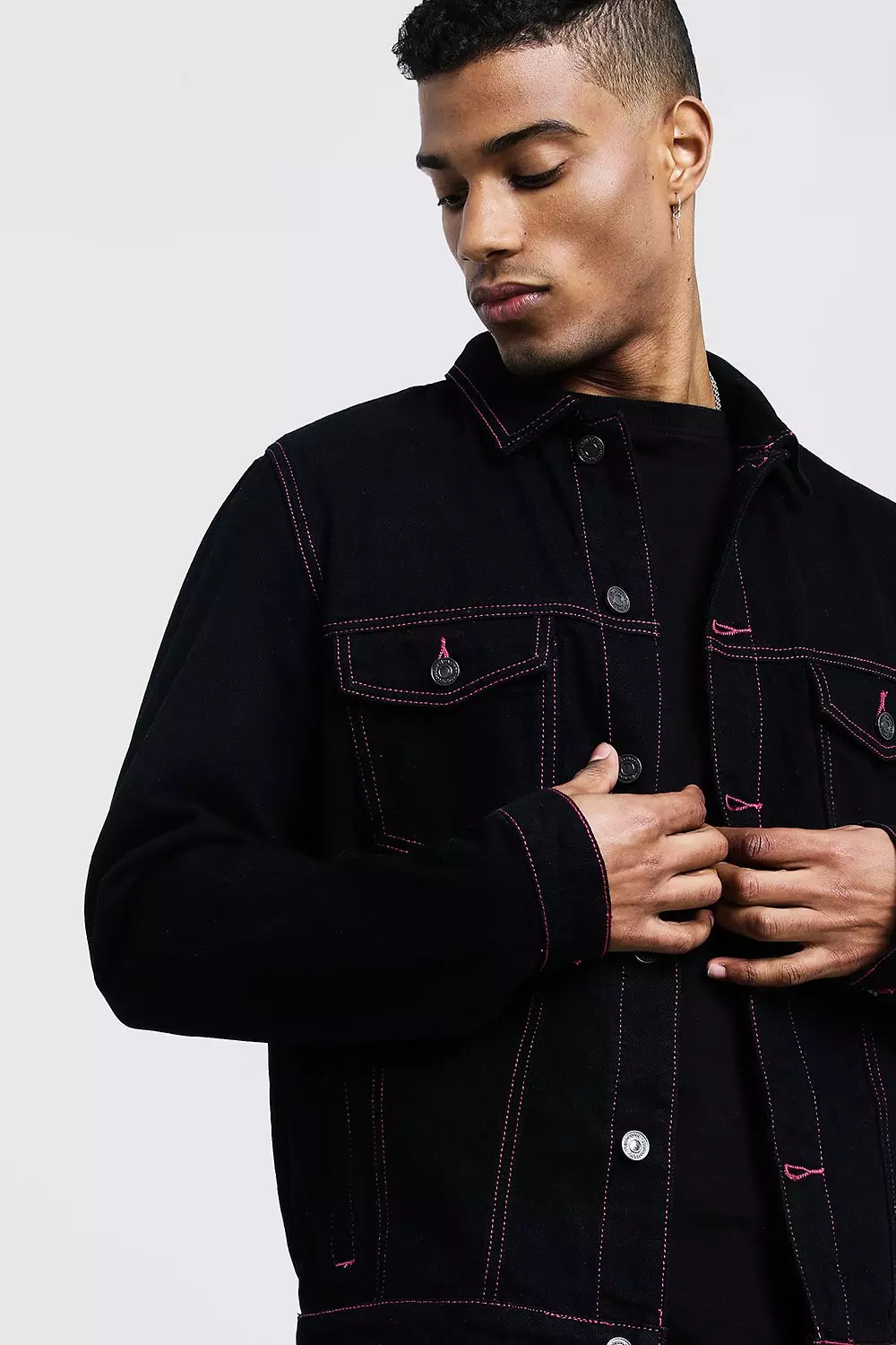 Black denim jacket with contrast stitching best sale