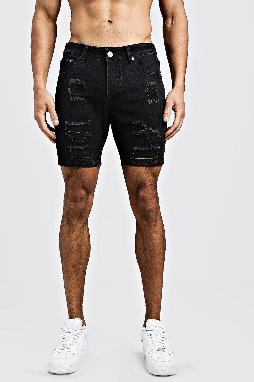 mens distressed denim shorts black