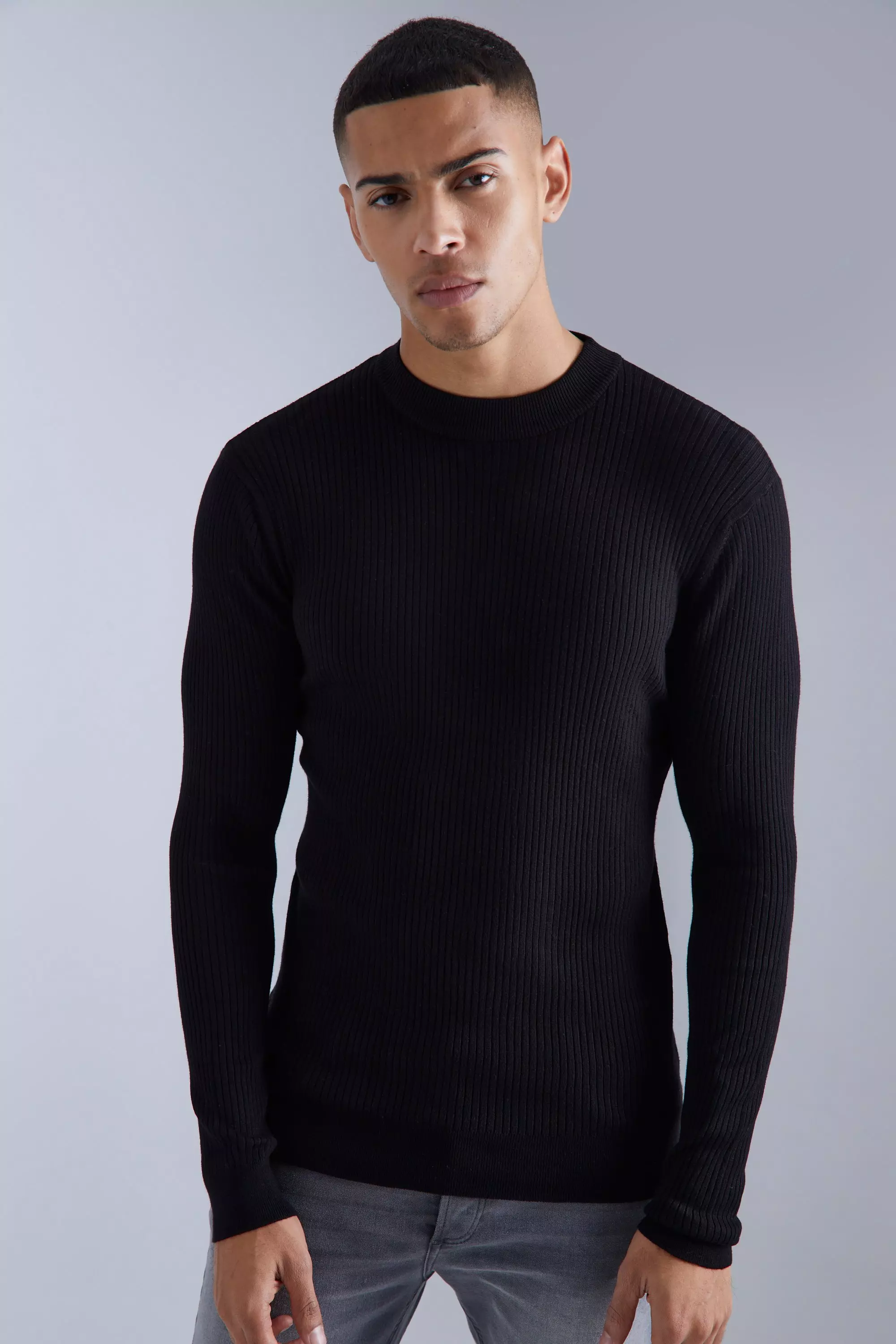 Black Recycled Regular Turtle Neck Ribbed Sweater