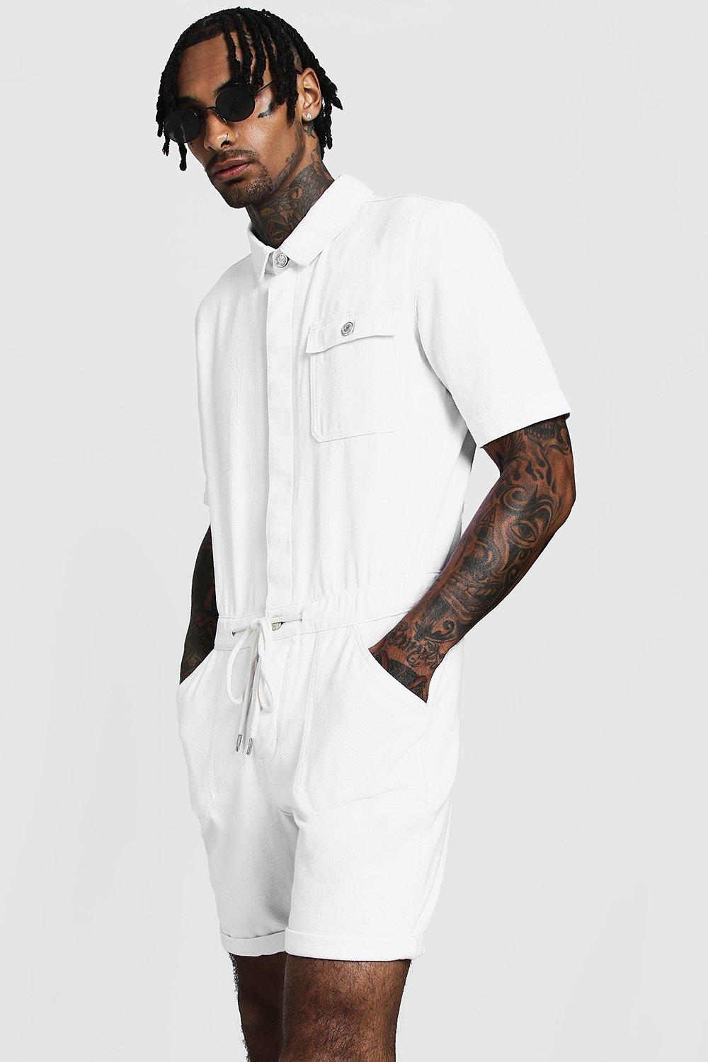 all white denim jumpsuit