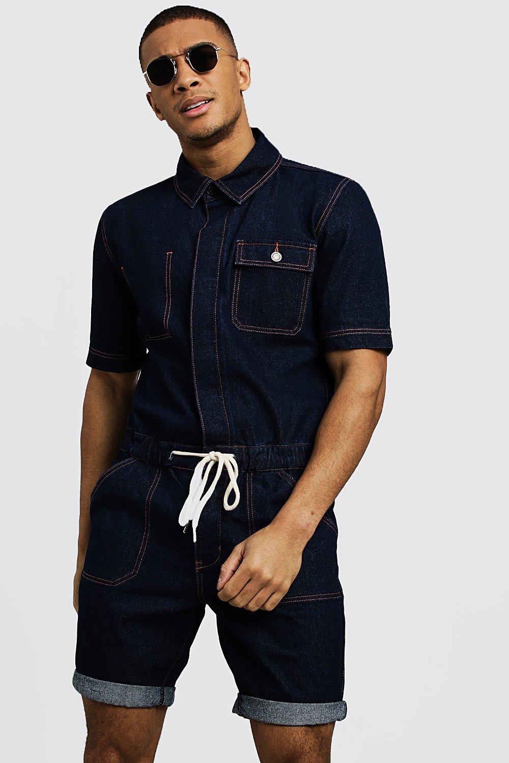 mens denim romper shorts