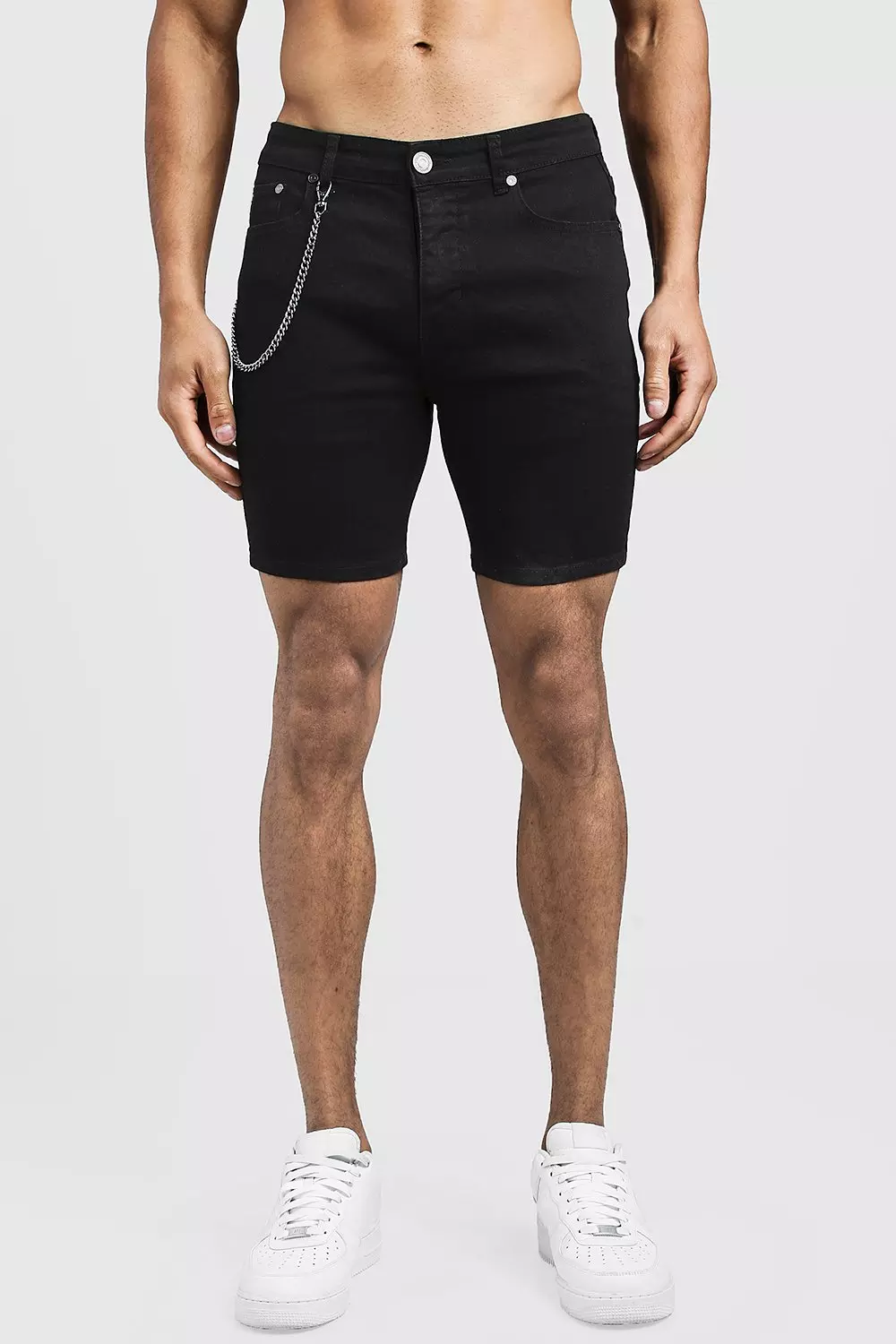 Skinny Fit Denim Shorts With Chain Detail boohooMAN USA