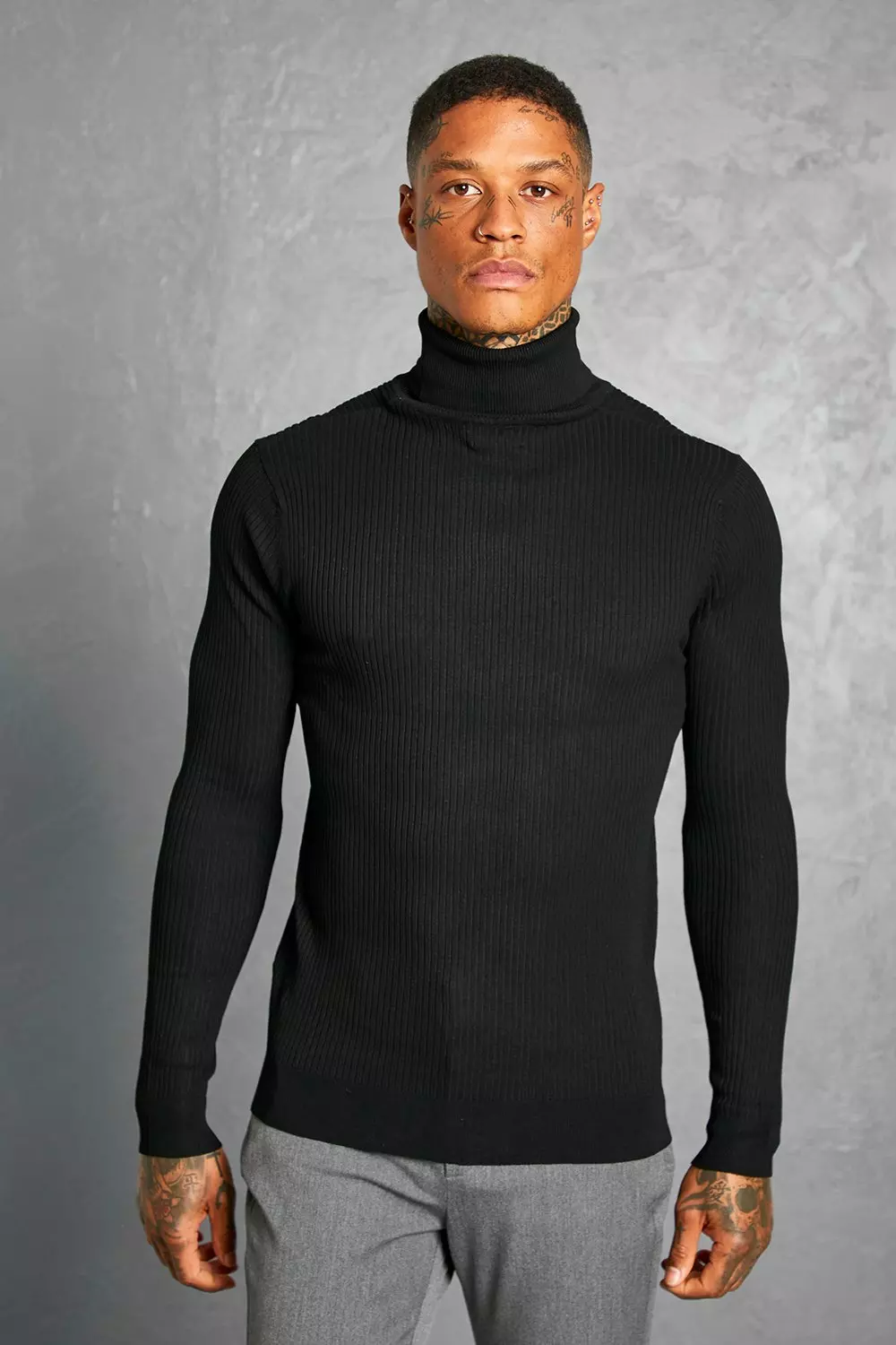 Recycled Regular Roll Neck Ribbed Sweater Black