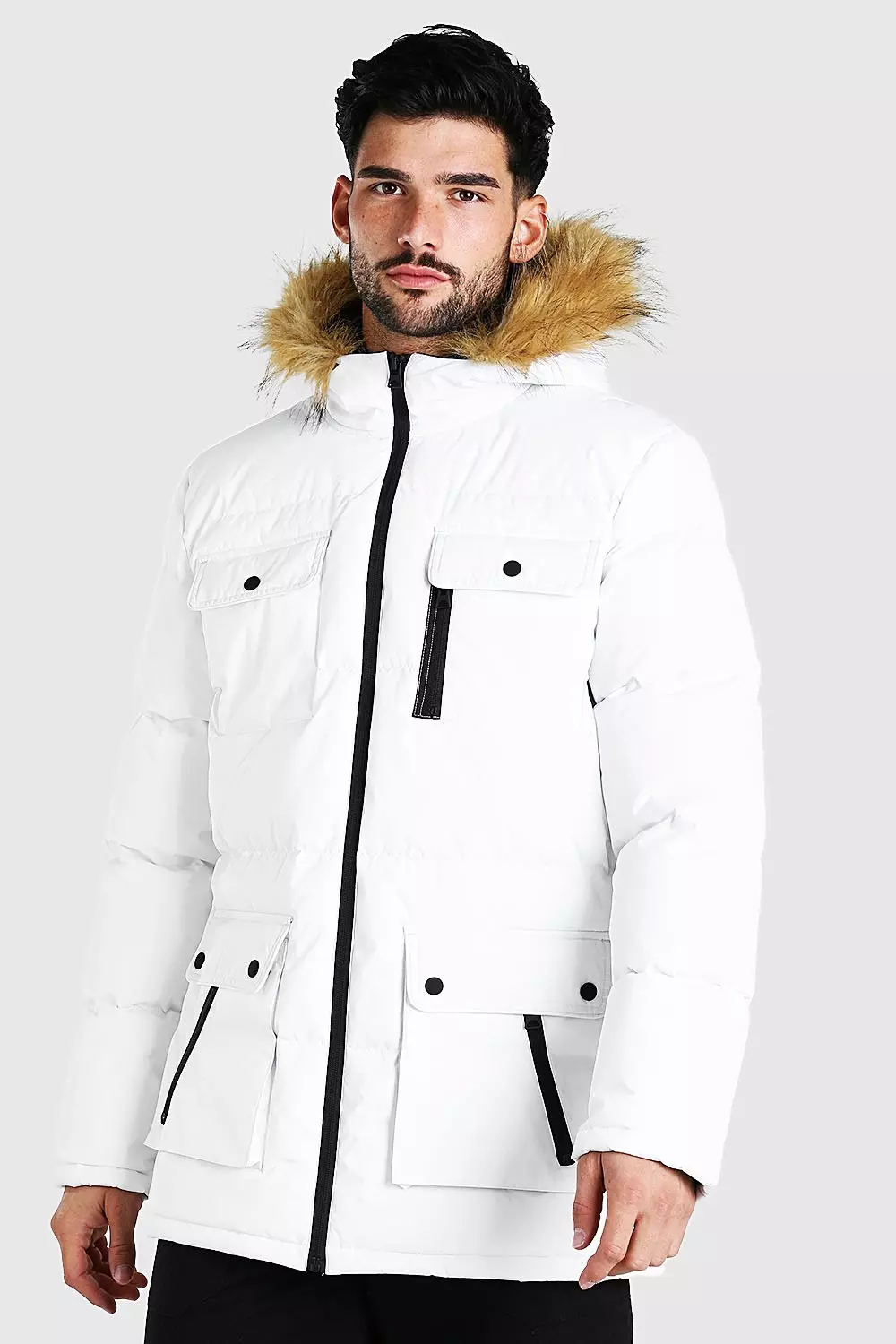 White Multi Pocket Quilted Parka With Faux Fur Hood alternative image