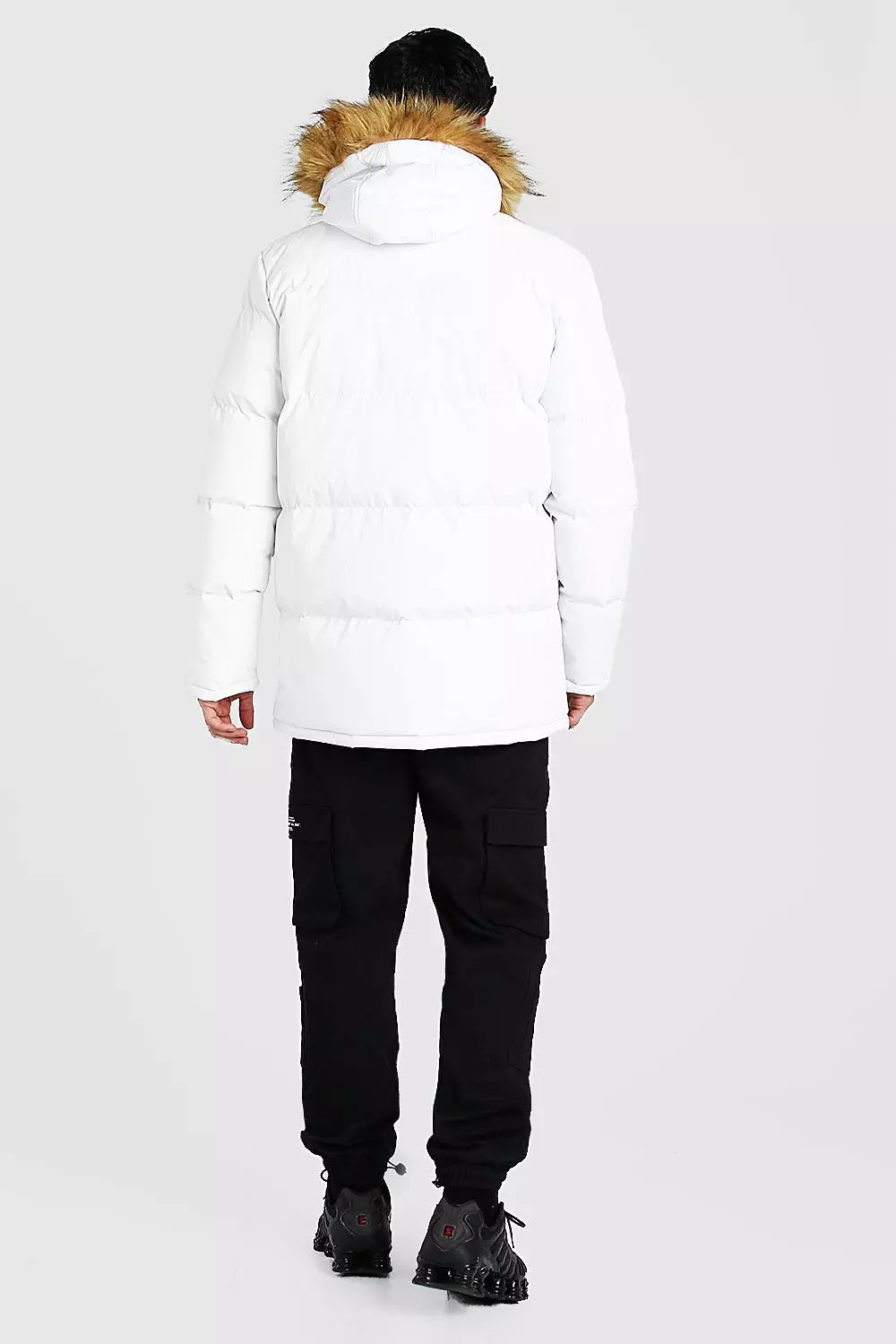 White Multi Pocket Quilted Parka With Faux Fur Hood alternative image
