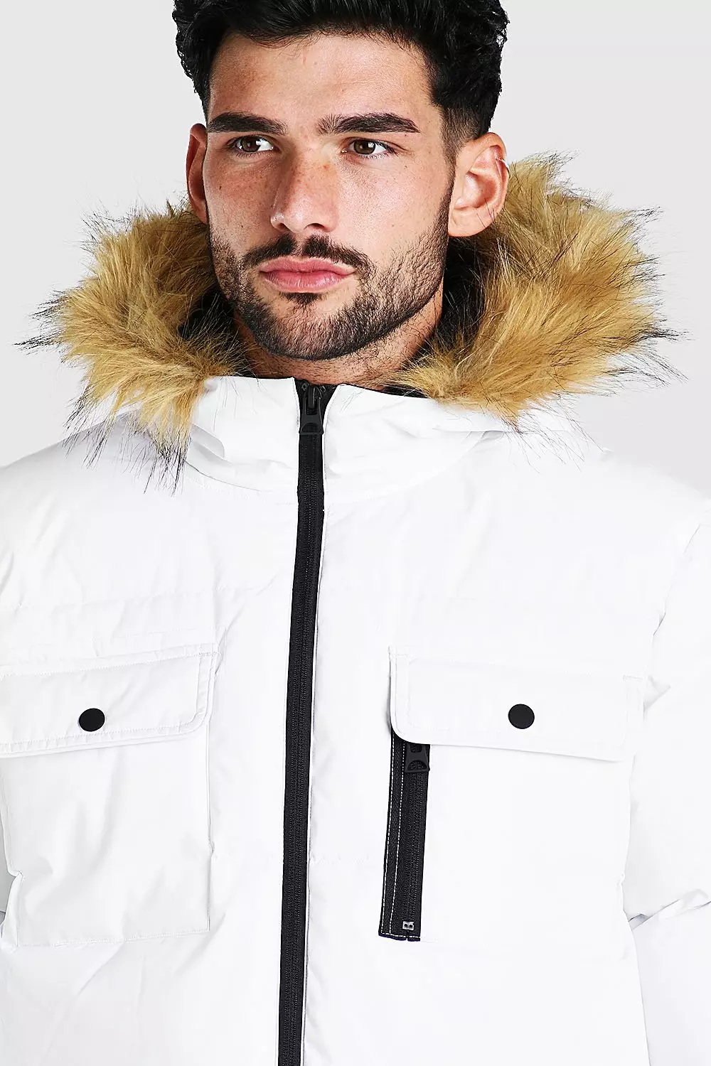 White Multi Pocket Quilted Parka With Faux Fur Hood alternative image