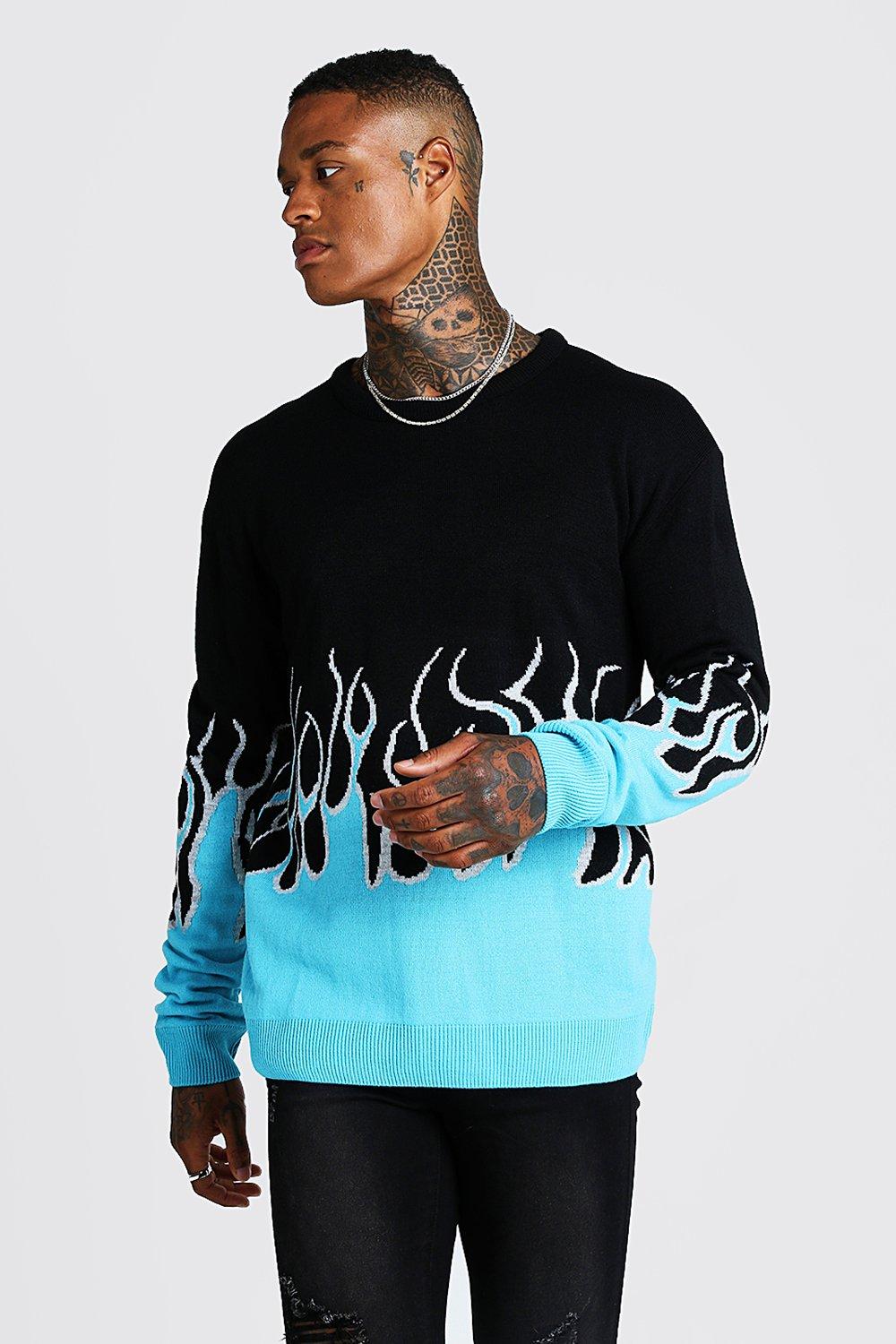 Loose Fit Knitted Jumper With Flames boohooMAN UK