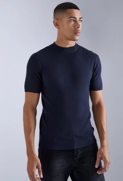 Navy Recycled Short Sleeve Turtle Neck Rib Sweater