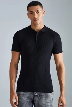 Muscle Short Sleeve Ribbed Polo Black