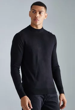 Black Muscle Fit Ribbed Extended Neck Sweater