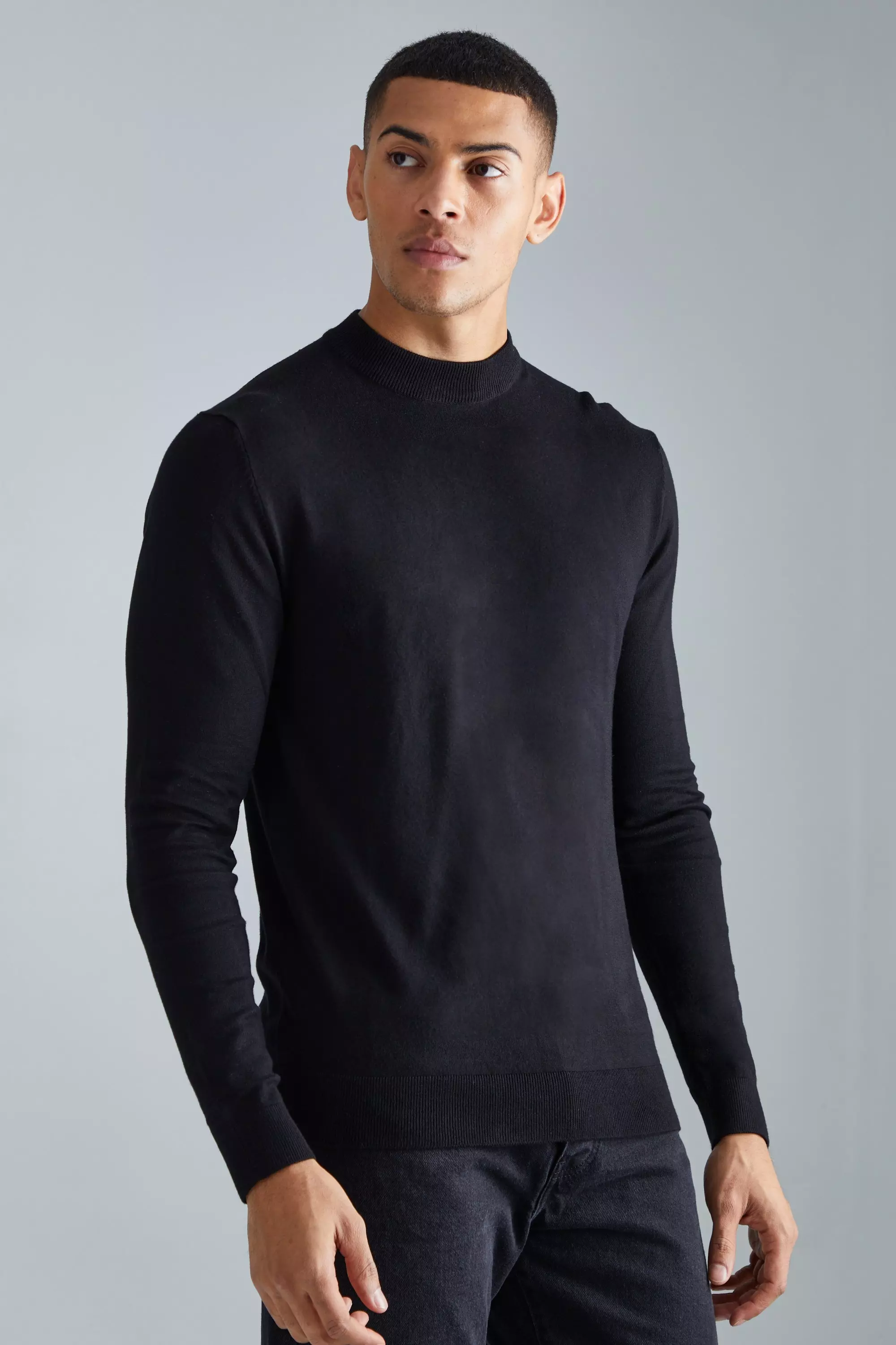 Black Muscle Fit Ribbed Extended Neck Sweater