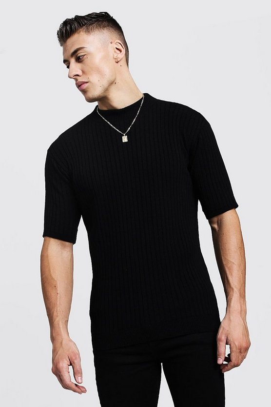 Ribbed Short Sleeve Turtle Neck Knitted T-Shirt - boohooMAN