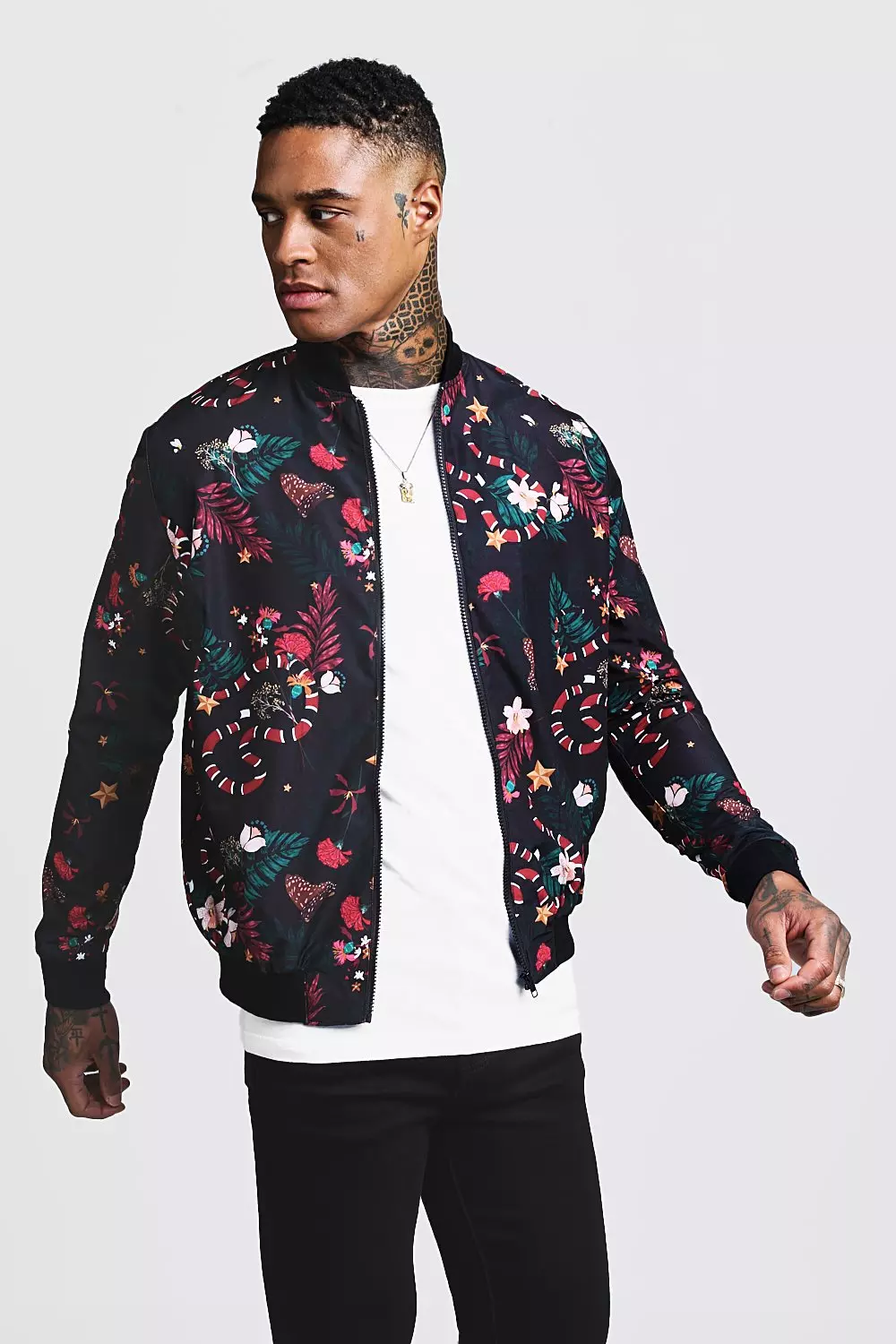 Snake Print Bomber Jacket boohooMAN UK