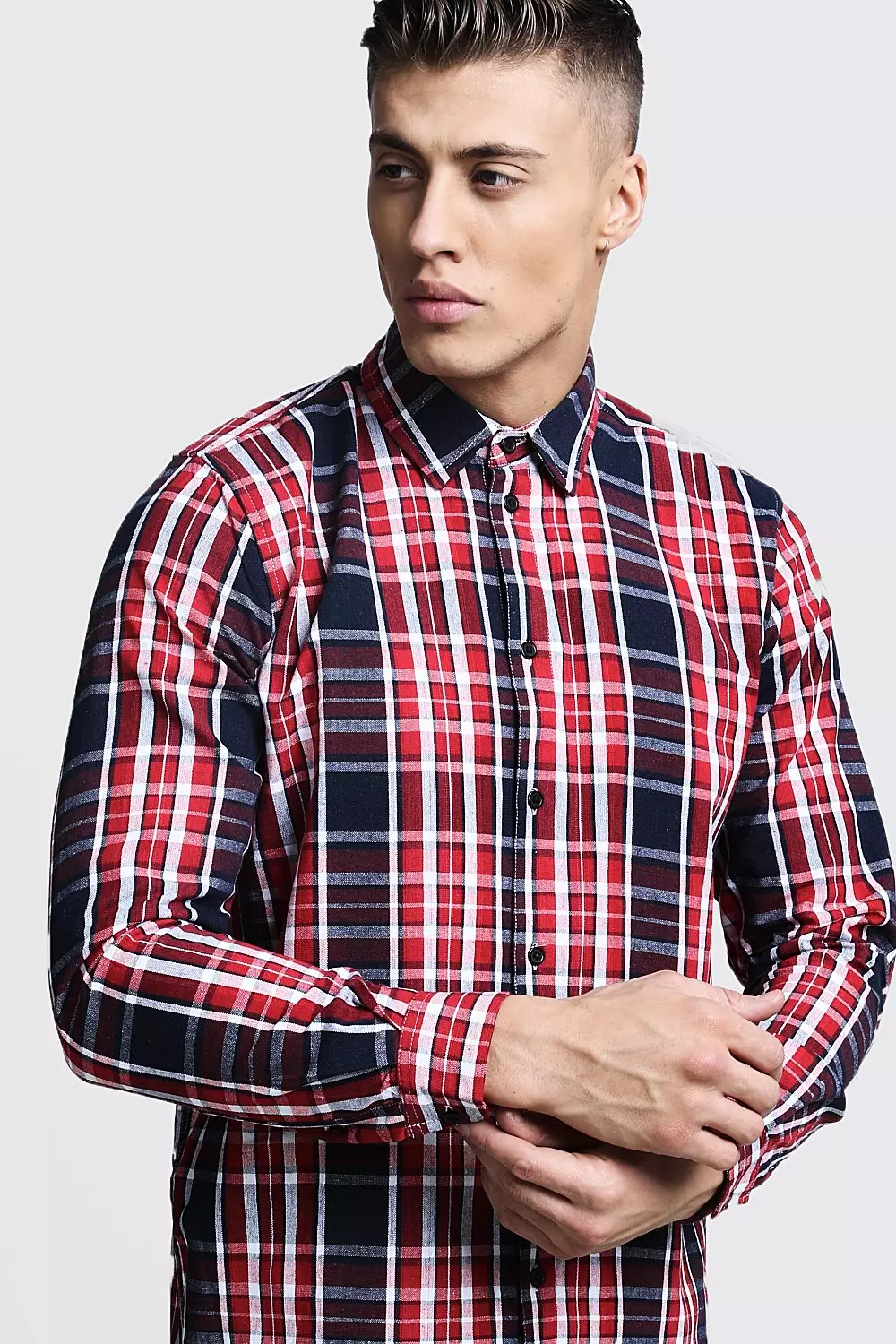 Longline Long Sleeve Red Check Shirt boohooMAN USA
