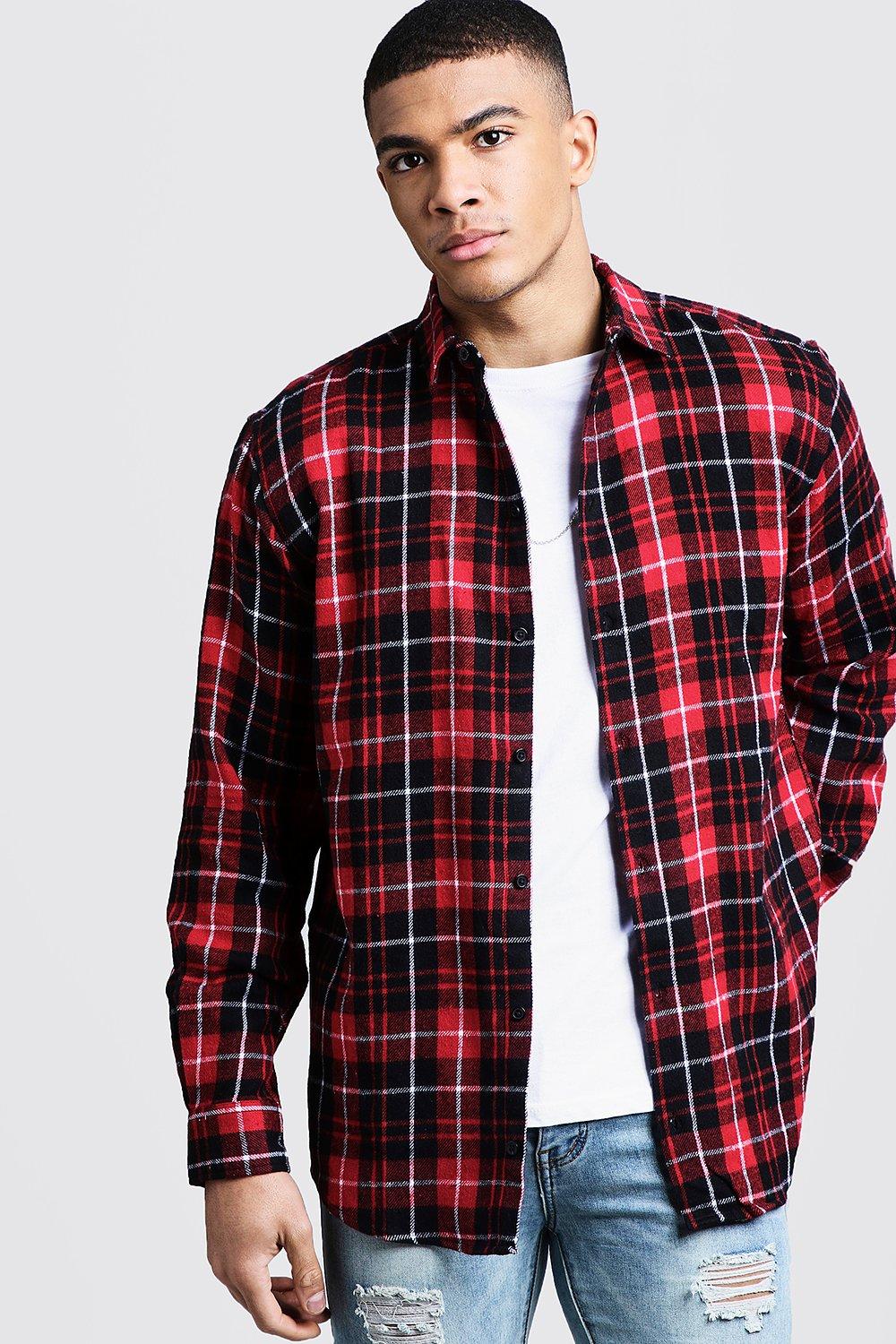 Oversized Long Sleeve Red Check Shirt | boohooMAN USA