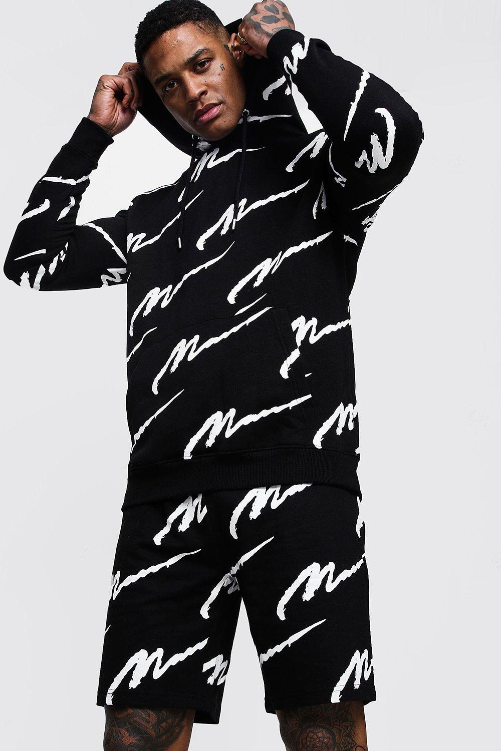 All Over MAN Printed Hooded Short Tracksuit - boohooMAN