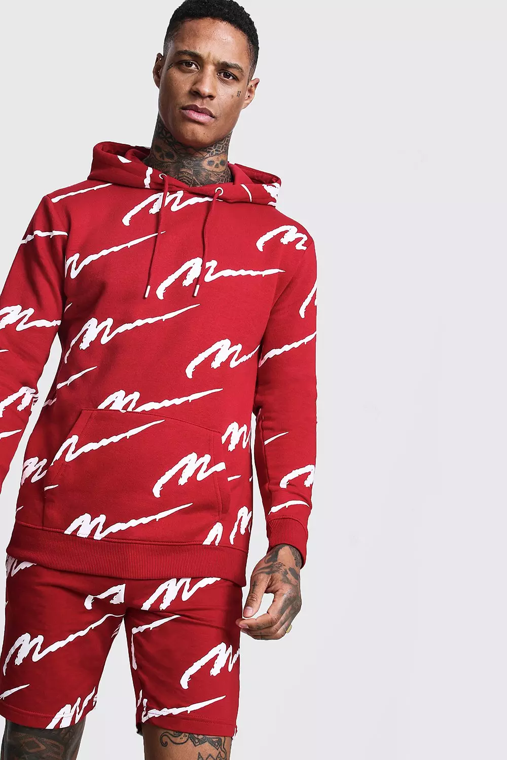 All Over MAN Printed Hooded Short Tracksuit boohooMAN USA