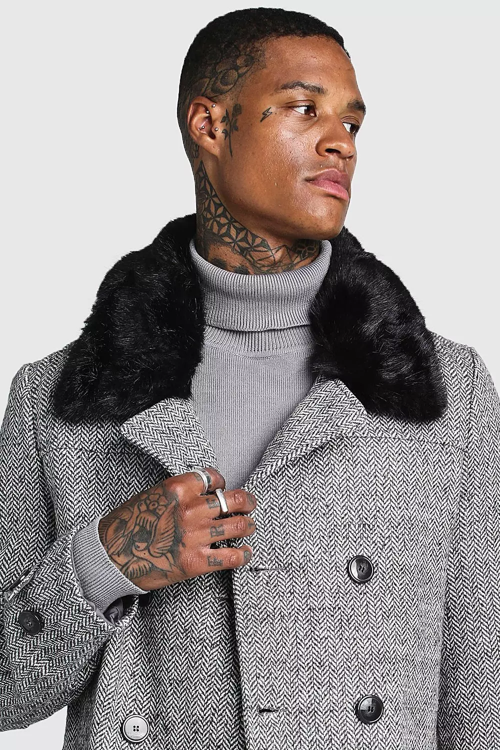 Faux Fur Collar Wool Mix Pea Coat boohooMAN USA