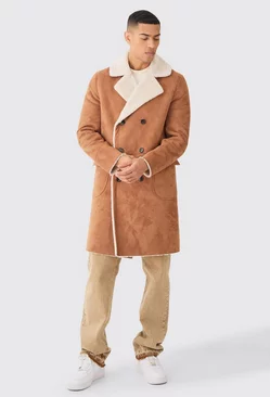 Faux Suede Borg Lined Overcoat Tan