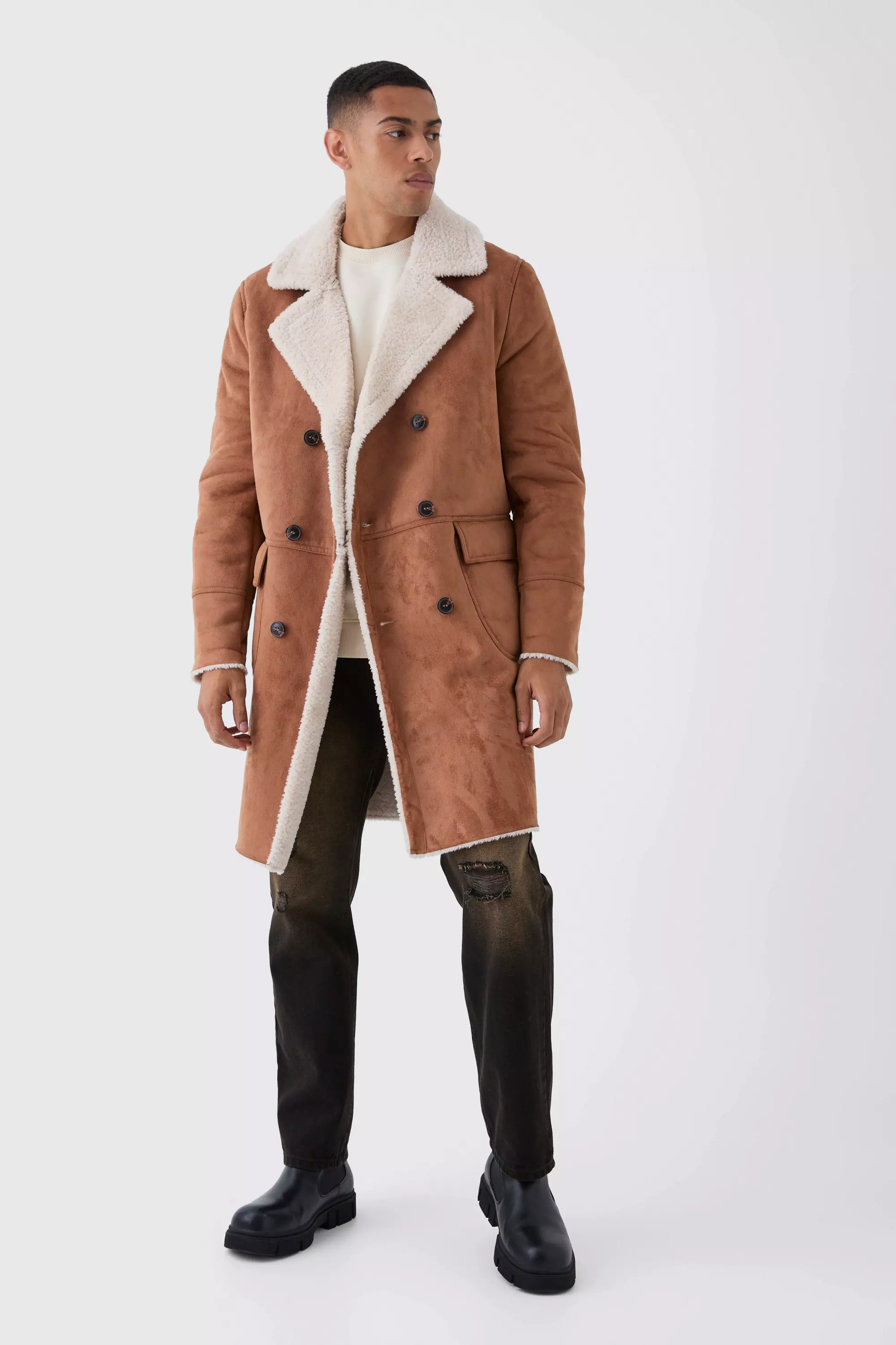 Faux Suede Borg Lined Overcoat Tan