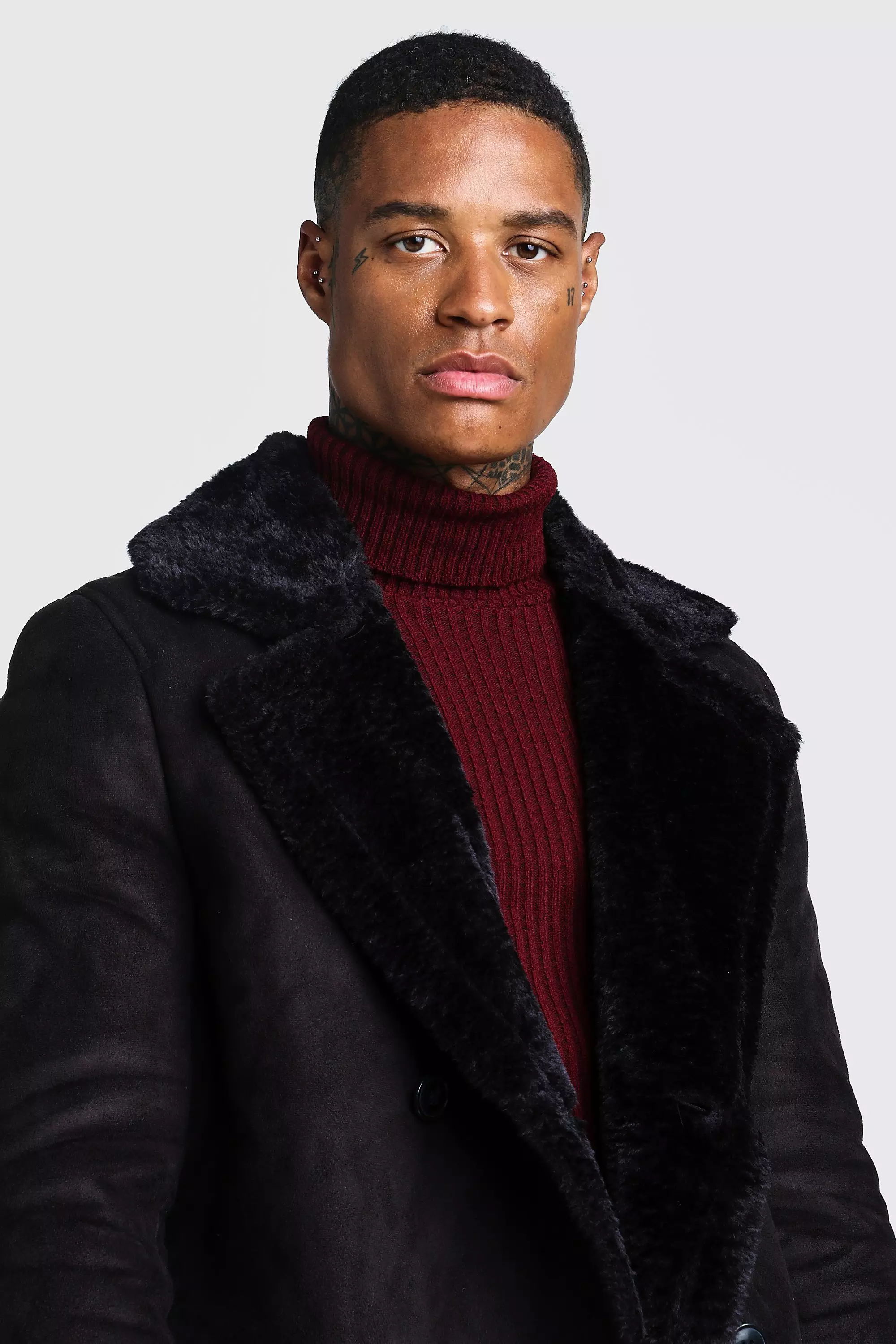 Longline Faux Fur Double Breasted Overcoat boohooMAN UK