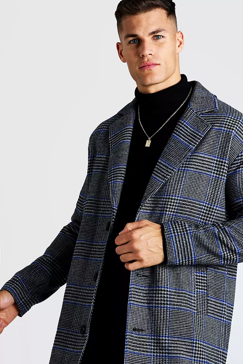 Prince Of Wales Check Wool Look Overcoat boohooMAN UK