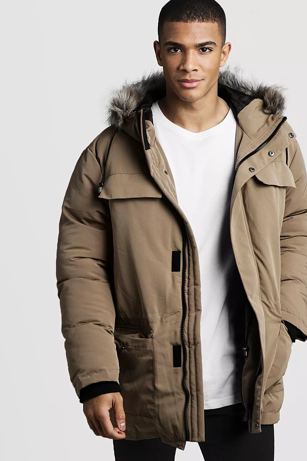 Boohooman parka with faux fur in khaki shop