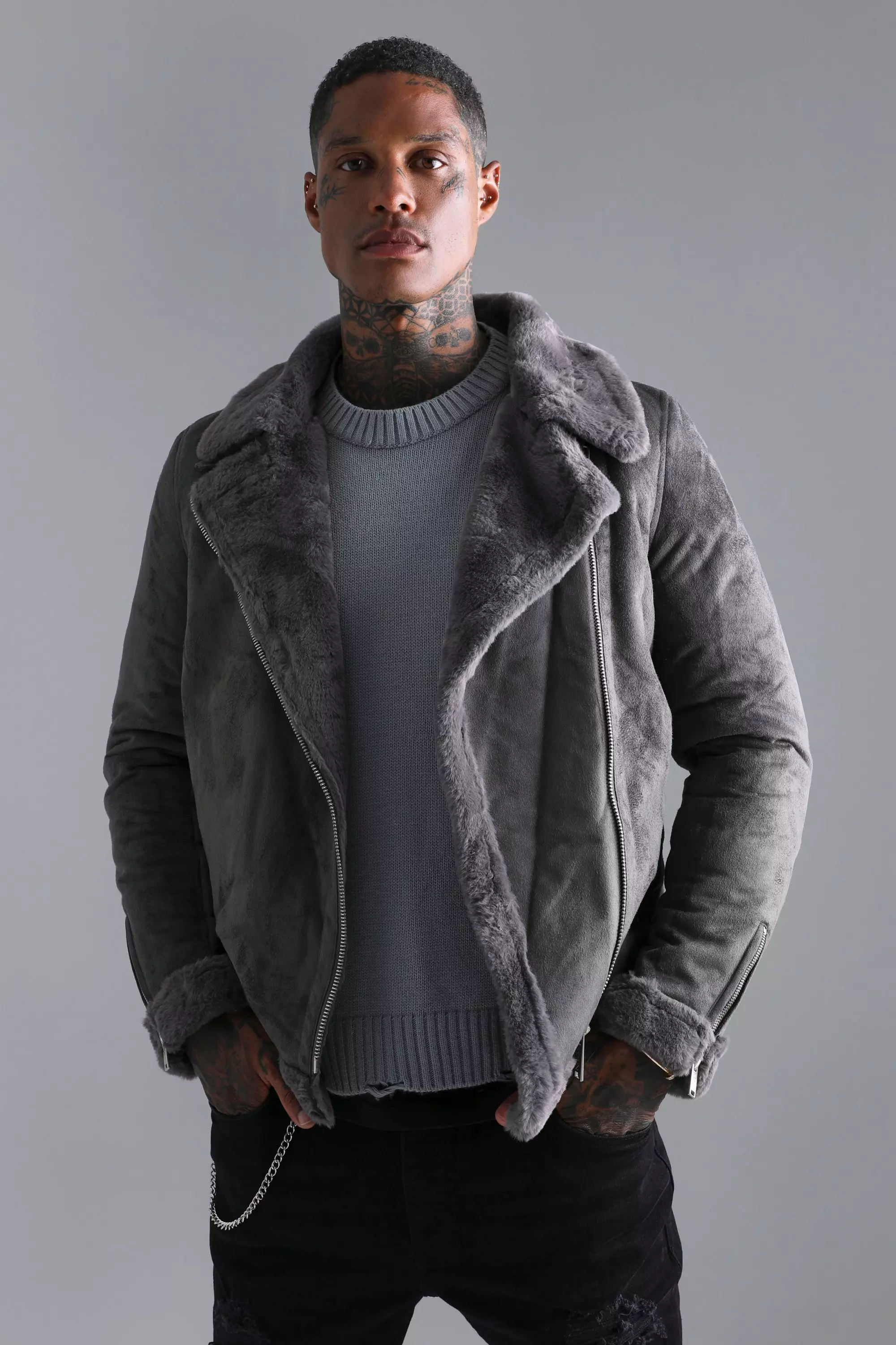 Faux Fur Lined Suede Aviator Jacket Charcoal