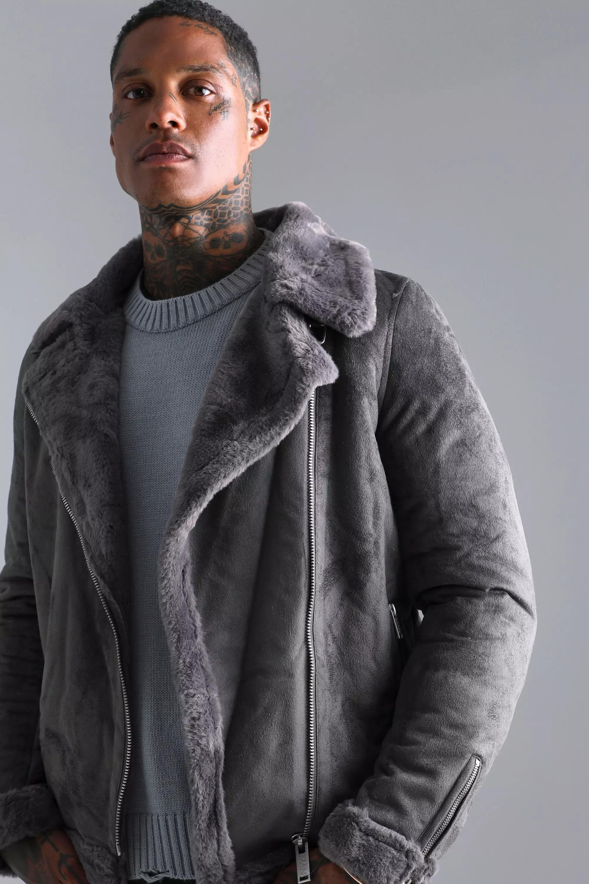 Faux Fur Lined Suede Aviator Jacket boohooMAN UK