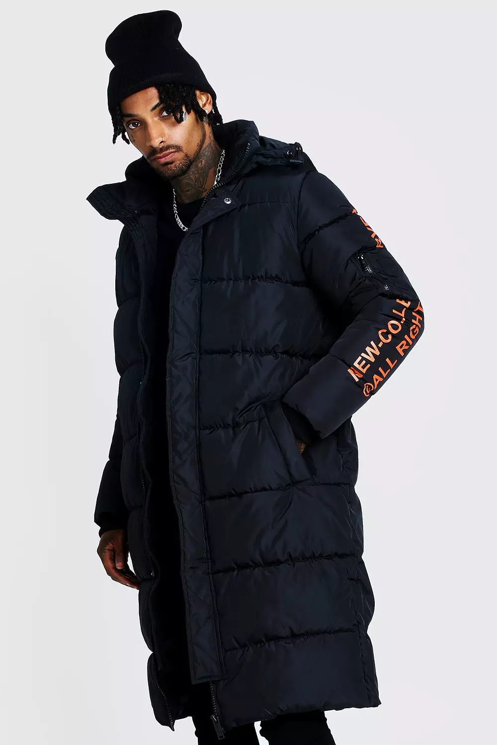 Hooded Longline Puffer With Print boohooMAN UK