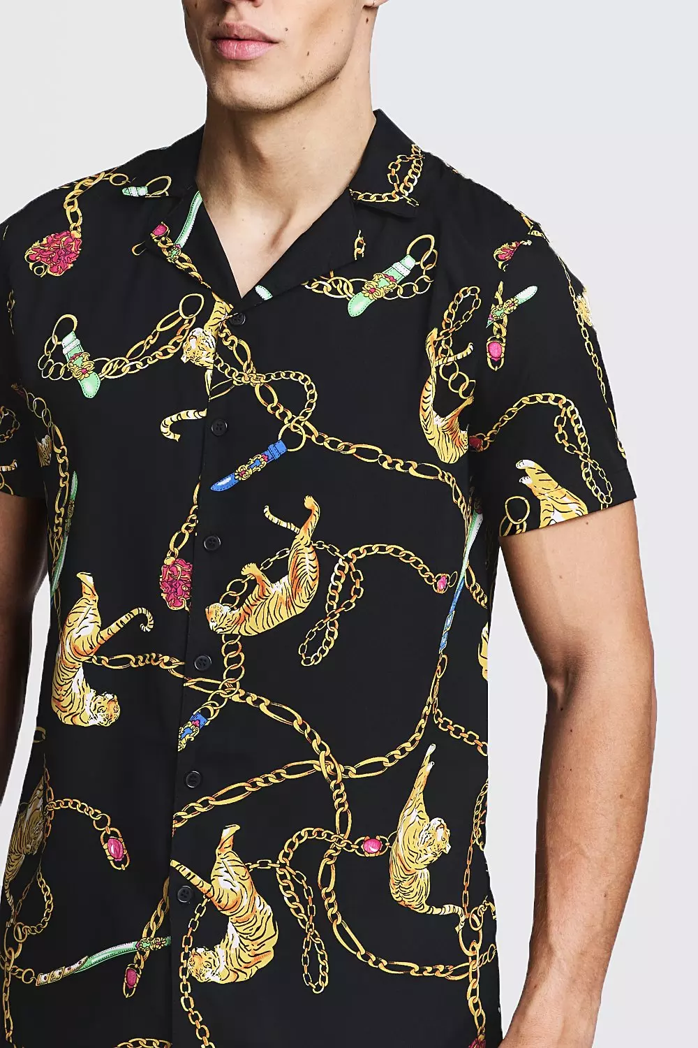 Tiger Chain Print Short Sleeve Shirt | boohooMAN USA