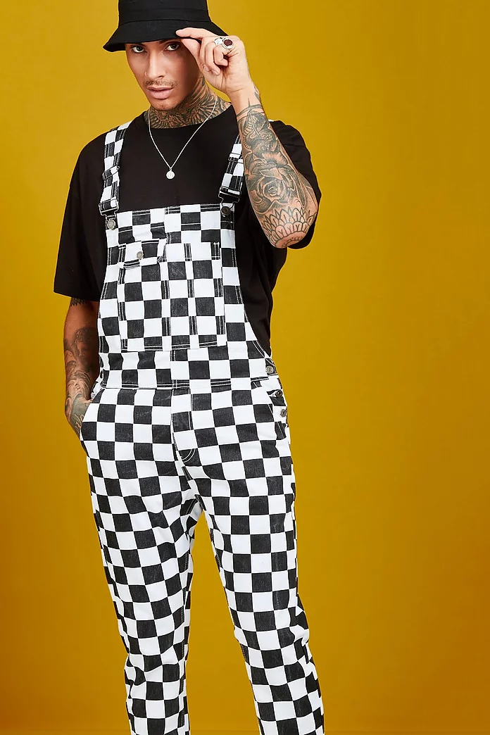Slim Fit Checkerboard Print Overalls | boohooMAN USA Slim Fit Checkerboard Print Overalls | boohooMAN USA