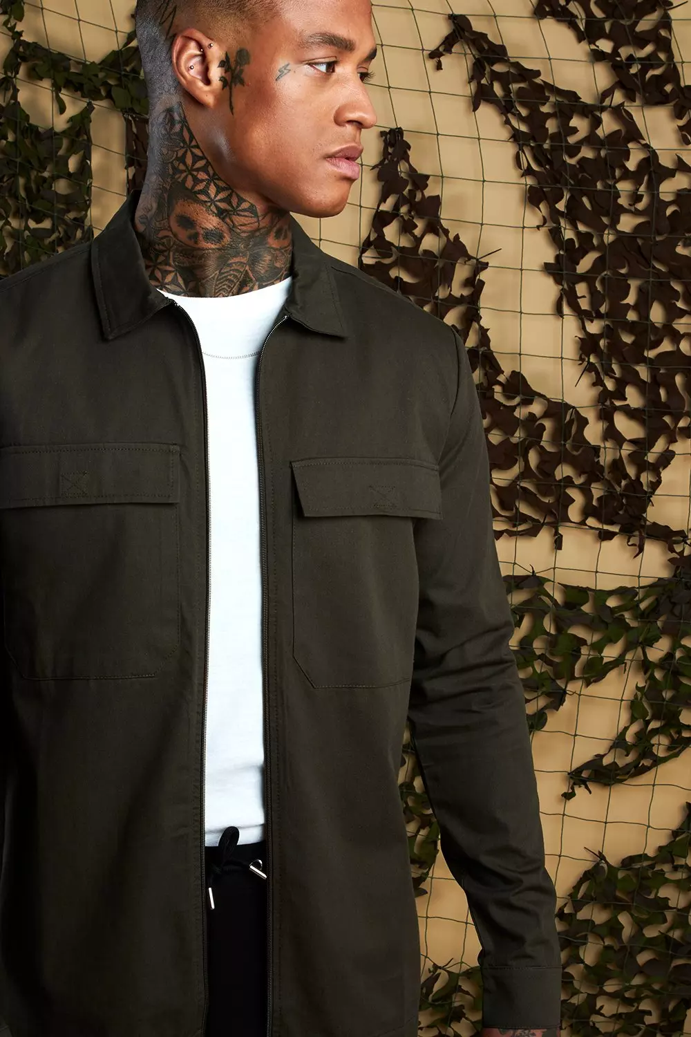Cotton Twill Utility Zip Through Shacket boohooMAN UK
