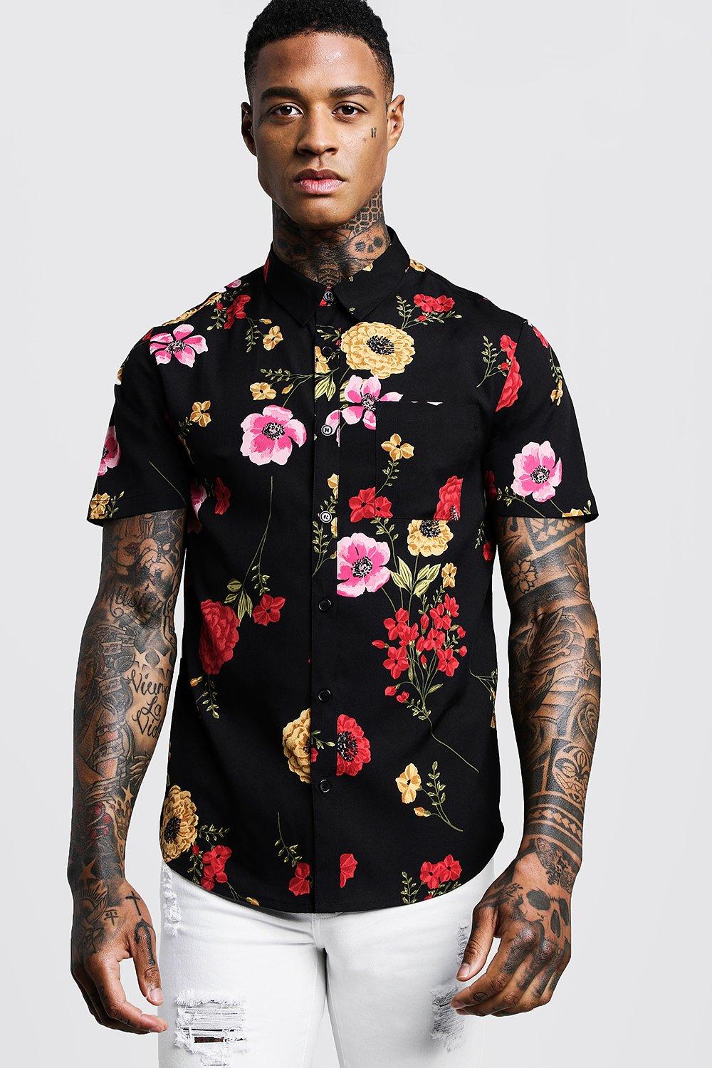 Black Red Vintage Flowers Floral Short Sleeves Mens T-Shirt