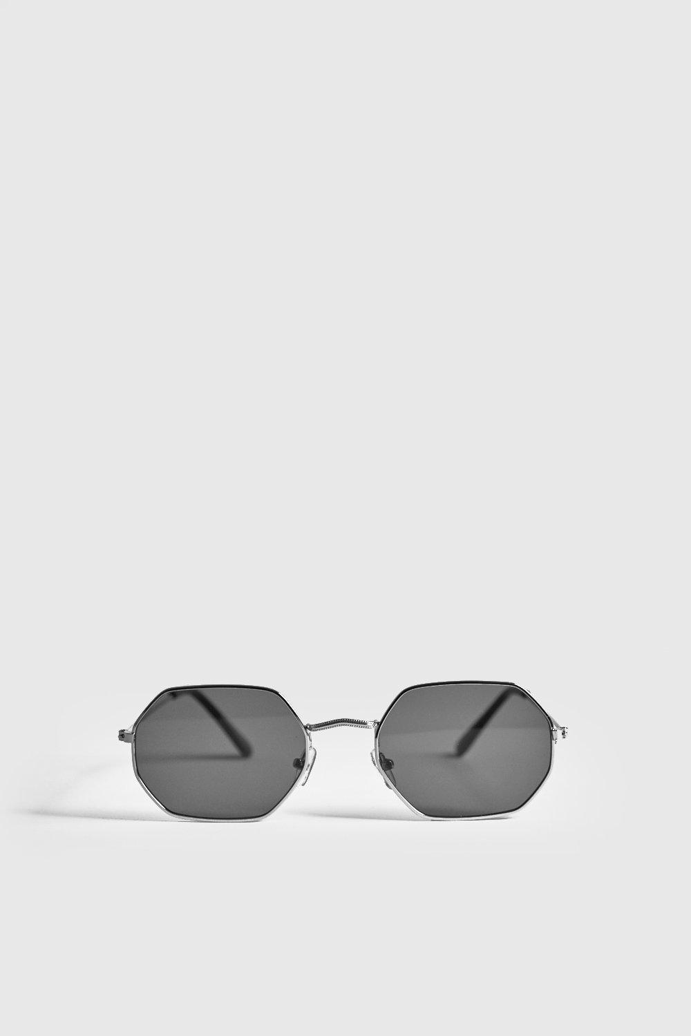 Hexagonal Sunglasses with Black Lenses and Silver Frames