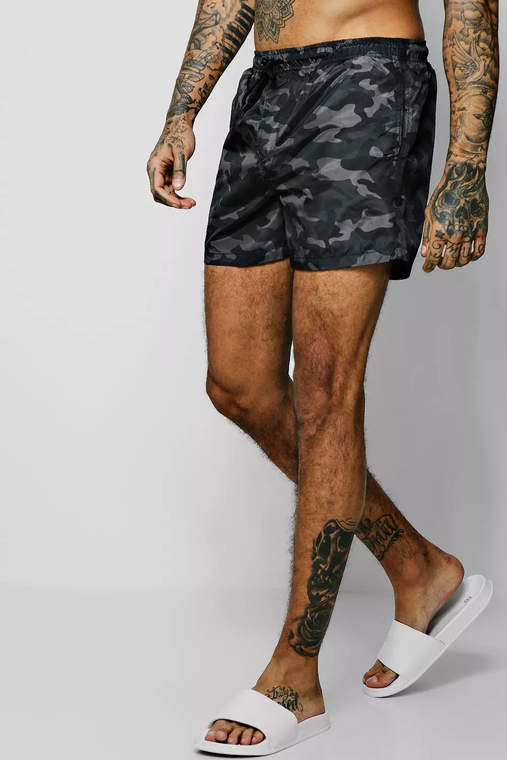 Grey Camo Print Mid Length Swim Short boohooMAN UK