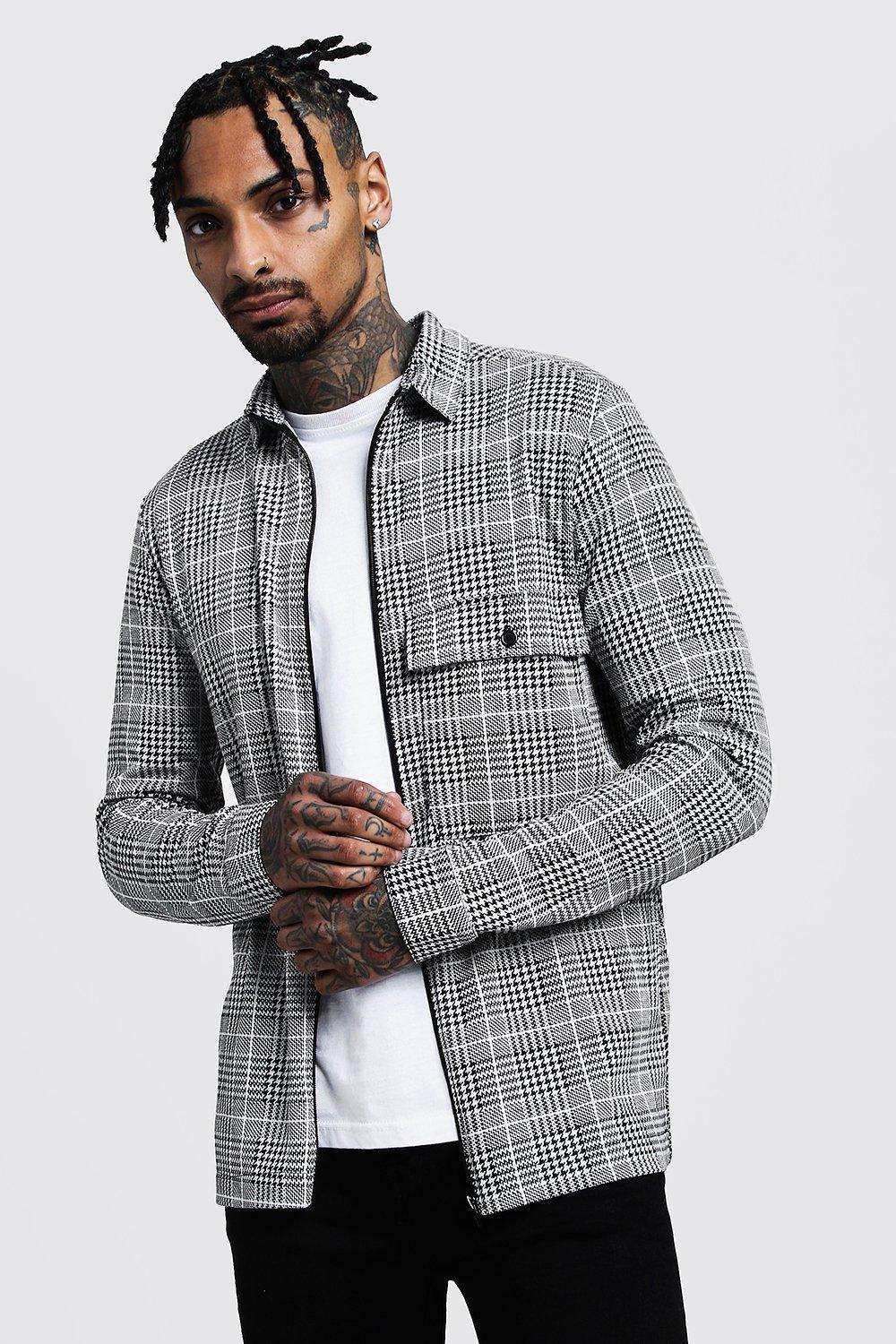 Check Jacquard Utility Coach Zip Overshirt | boohooMAN