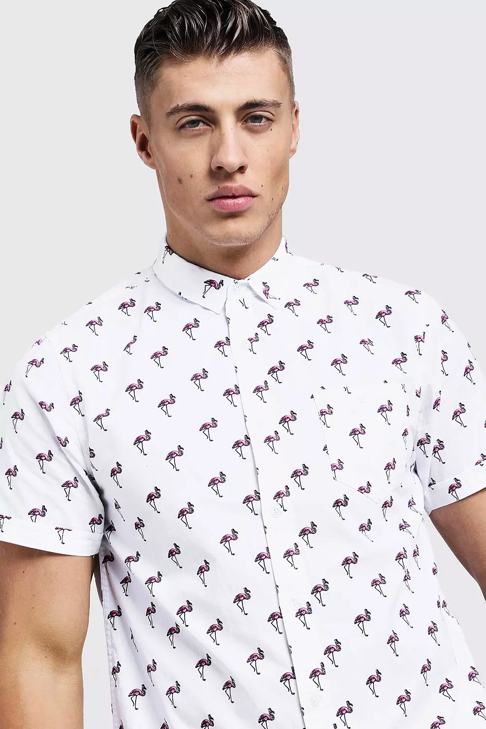 Chemise en coton a manches courtes imprime flamant rose boohooMAN FR