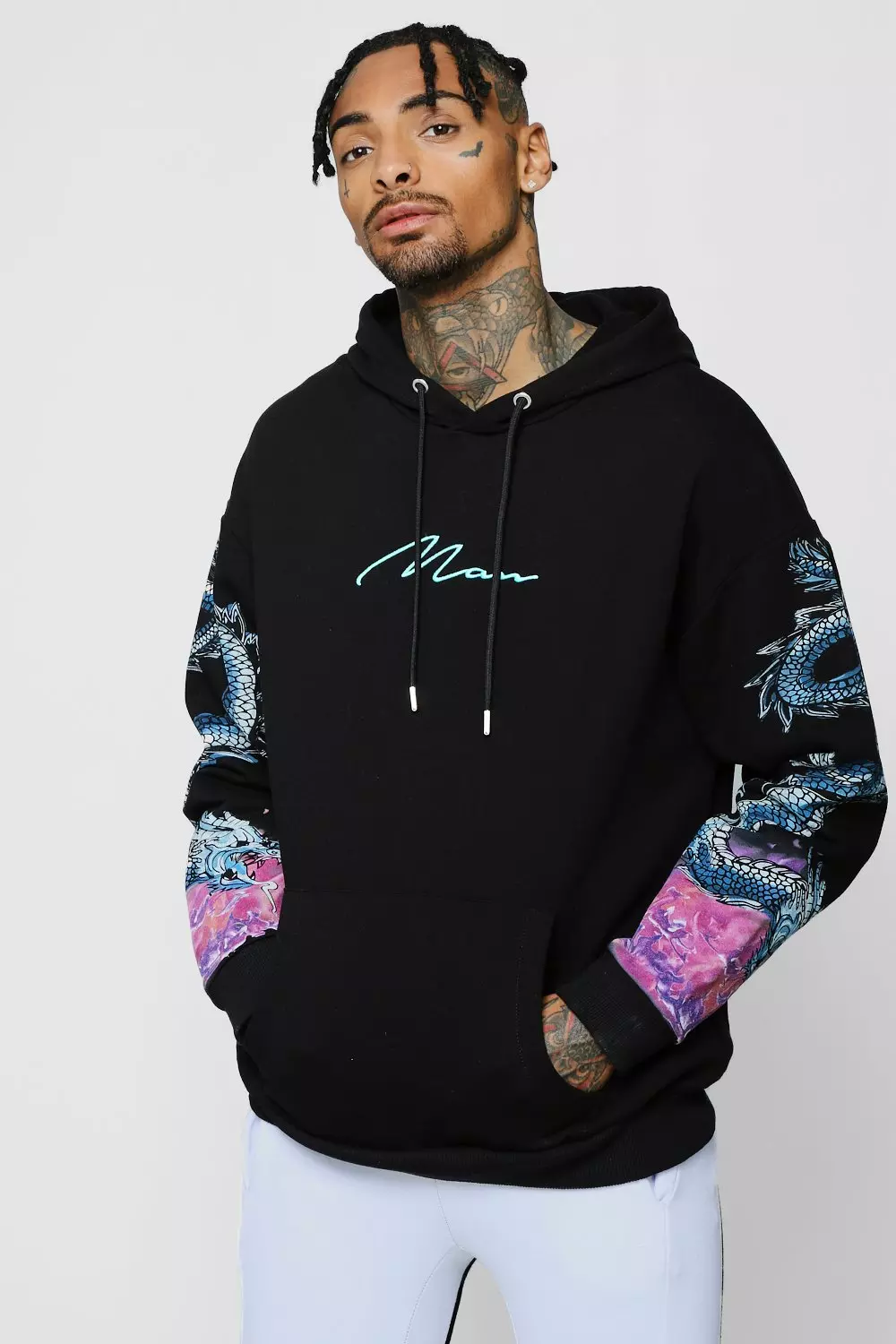 MAN Embroidered Hoodie With Dragon Sleeve Print boohooMAN