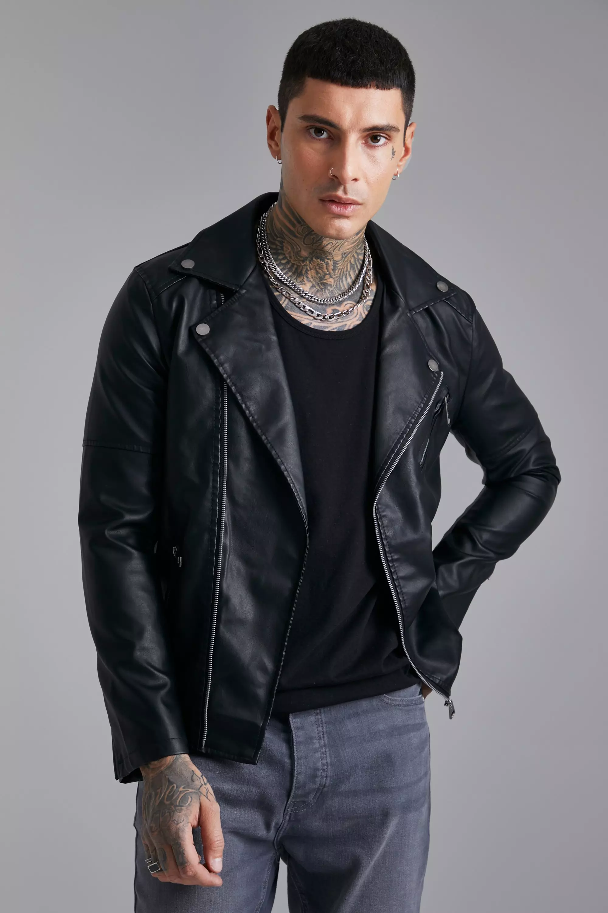 Leather Look Biker Jacket boohooMAN