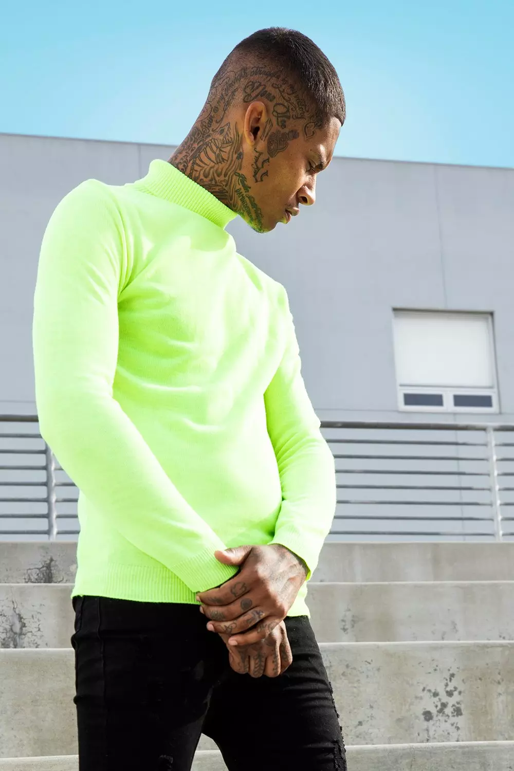 Roll Neck Neon Knitted Jumper boohooMAN UK