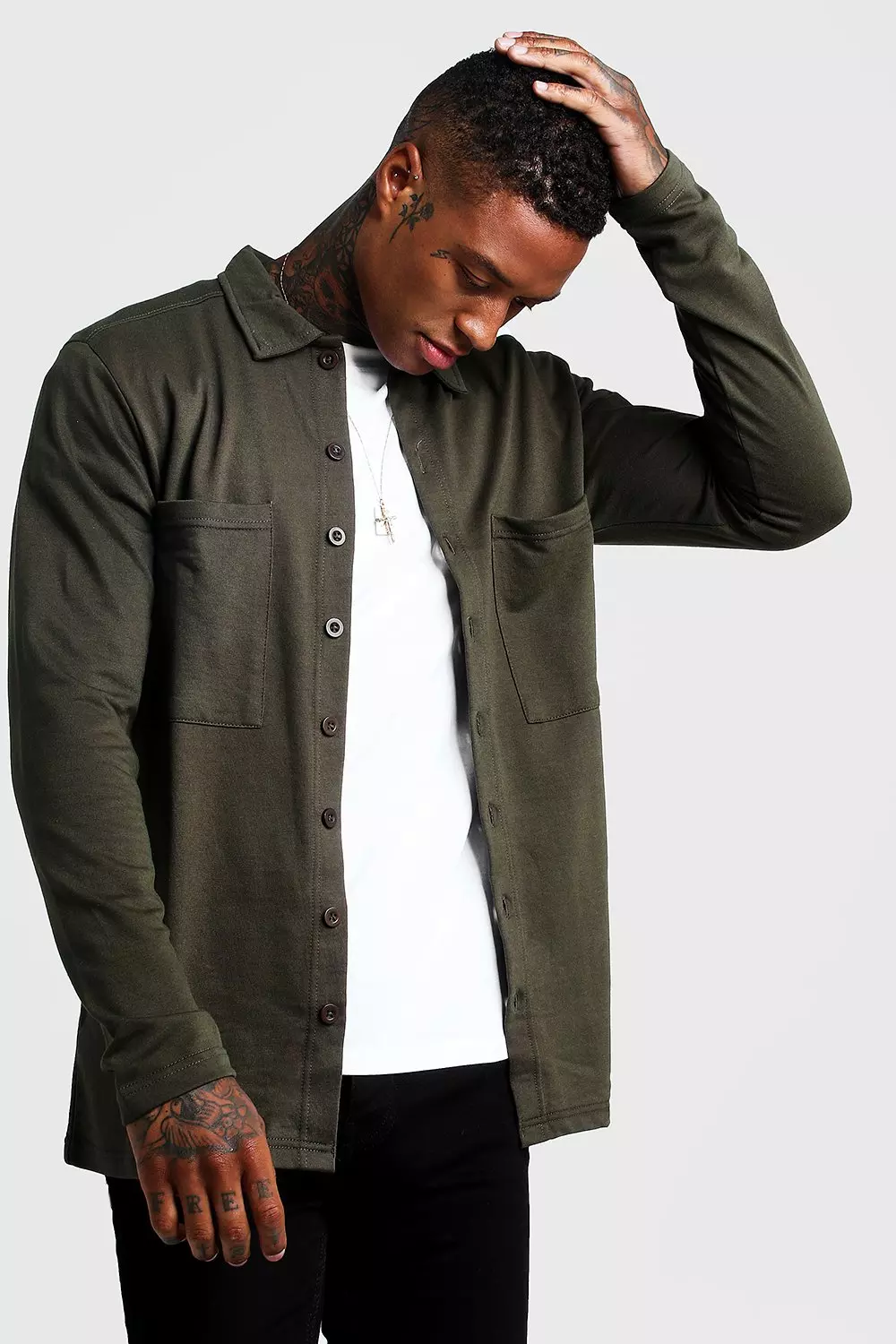 Jersey Utility Button Through Shacket Khaki